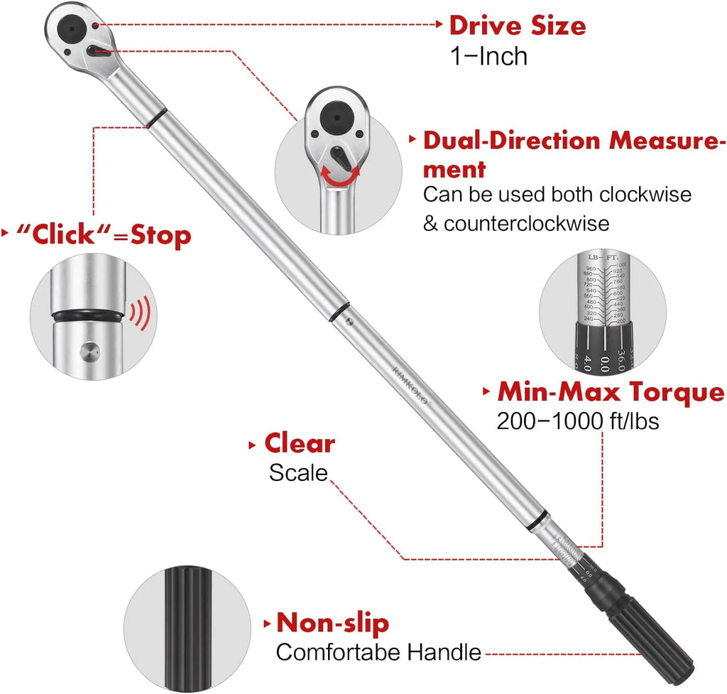 1-Inch Drive Click Torque Wrench, Dual-Scale Adjustable Torque Wrench Set with a Hex Key 200-1000ft.lb / 271-1356.7Nm