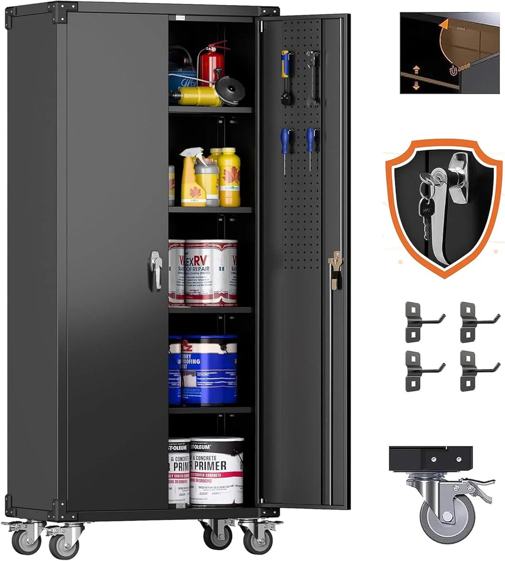 Aobabo 73''H Metal Garage Storage Cabinet with Wheels,Steel Cabinets with 2 Doors and 4 Adjustable Shelves for Home Office,Required Assembly,Black