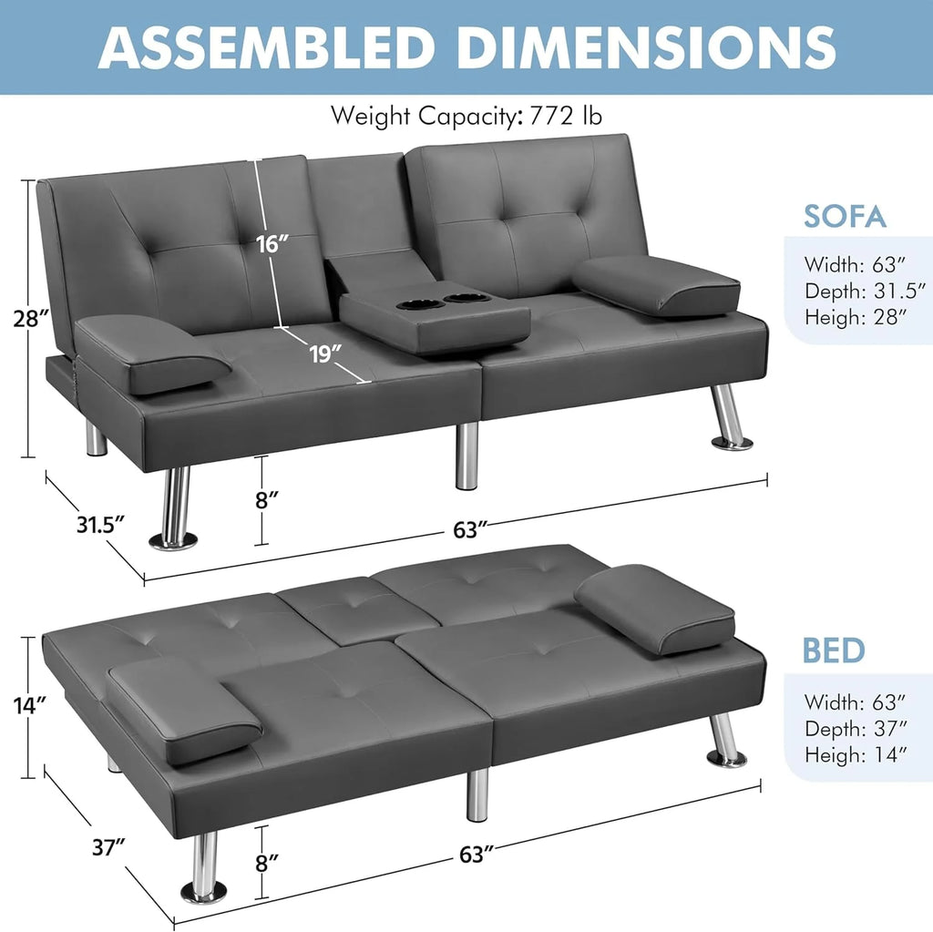Yaheetech Convertible Sofa Bed Adjustable Couch Sleeper Modern Faux Leather Home Recliner Reversible Loveseat Folding Daybed Guest Bed, Removable Armrests, Cup Holders, 3 Angles, 772lb Capacity, Brown