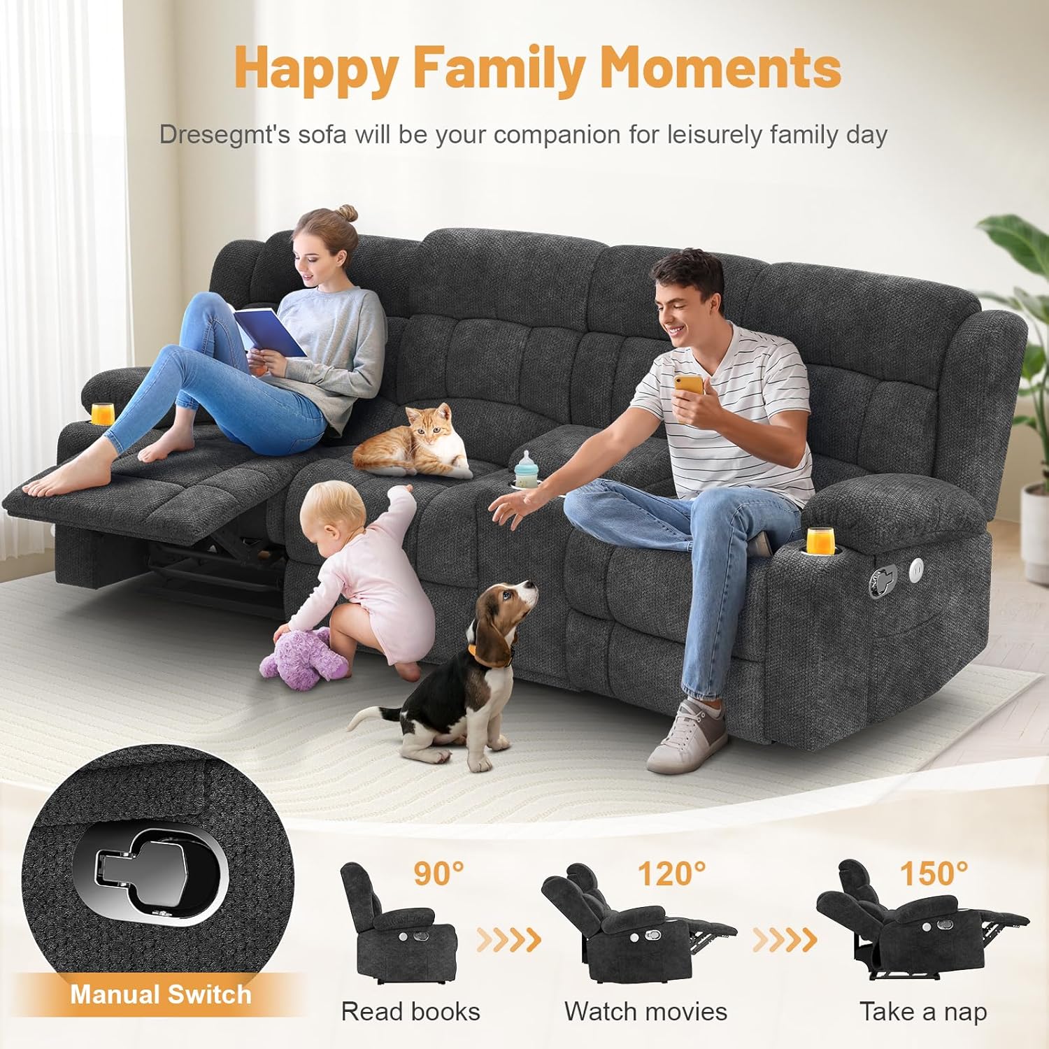 3 Seat Reclining Sofa with Storage Drawer USB Ports & Cup Holders Manual Couch