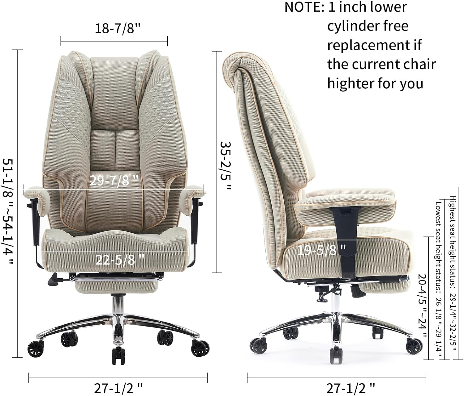 Large Tall Office Chair 400 lbs Wide Seat, Leather High Back Executive Office Chair with Footrest, Ergonomic Office Chair Lumbar Support to Relieve Lower Back Pain (Beige)