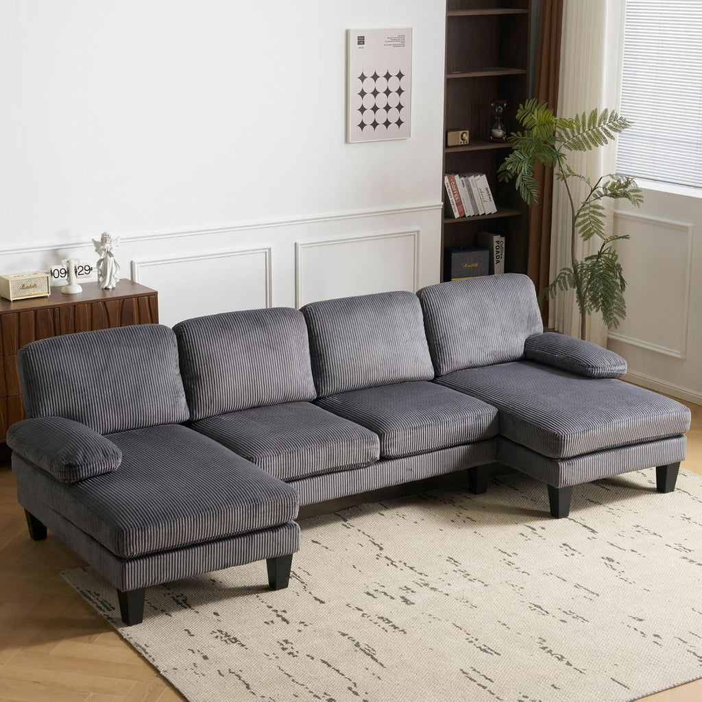 VINGLI 110 Sectional Couches for Living Room,U Shaped Couch with Double Chaise, 4-Seat Sofa Set with Chenille Fabric for Home Furniture,Beige