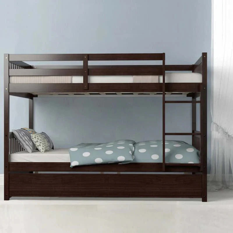 Solid Wood Full Over Full Bunk Bed Frame With Trundle Safety Ladder Amp Guardrails Convertible Bunk Bed For Kids Teens