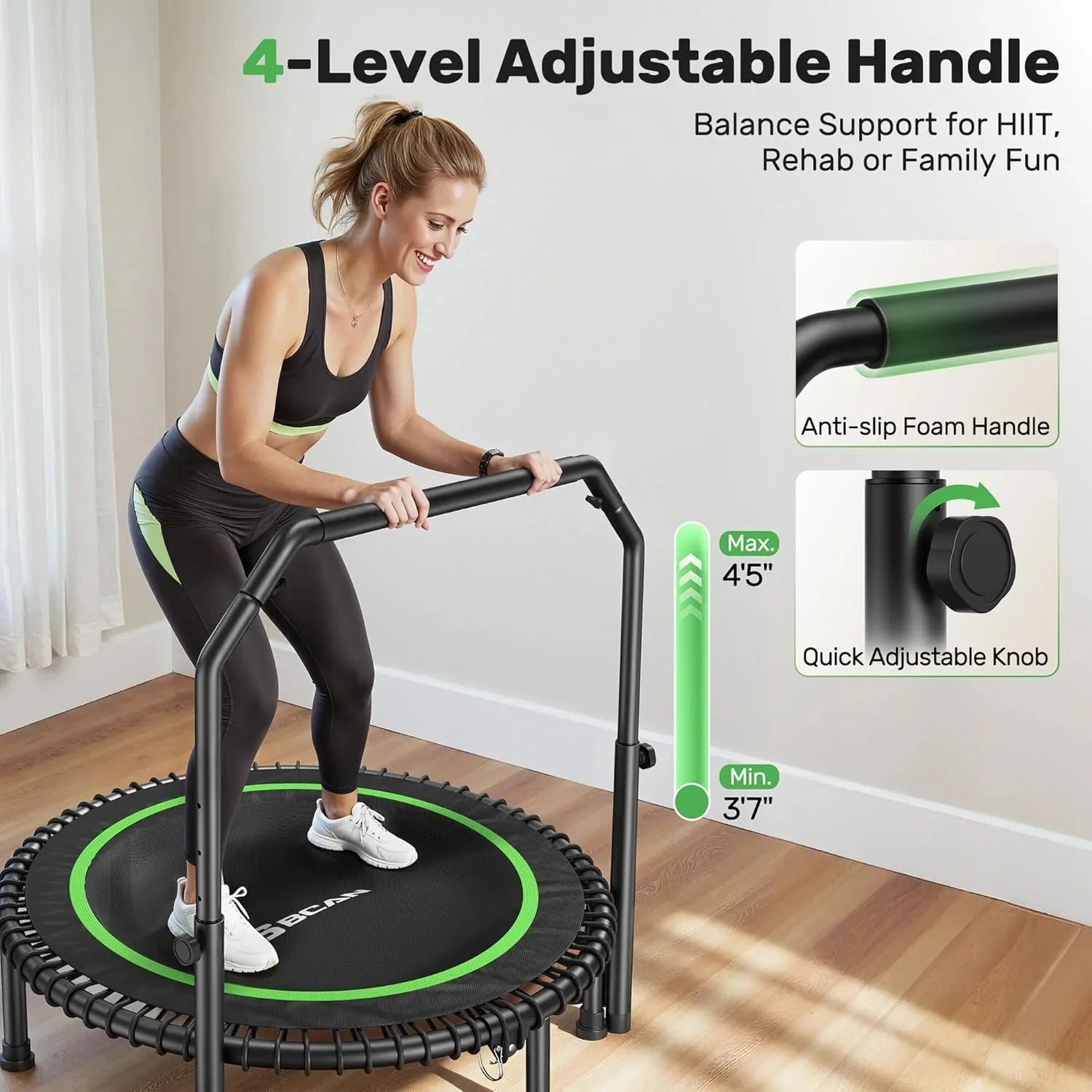 BCAN 450/550 LBS Foldable Mini Trampoline, 40/48 Fitness Trampoline with Bungees, U Shape Adjustable Foam Handle, Stable & Quiet Exercise Rebounder for Adults Indoor/Outdoor Workout