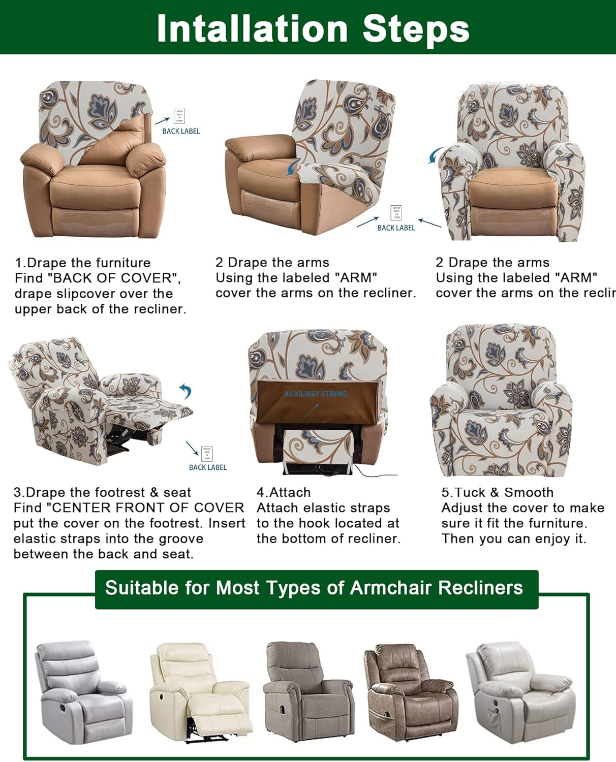 CRFATOP Stretch Recliner Cover 4-Pieces