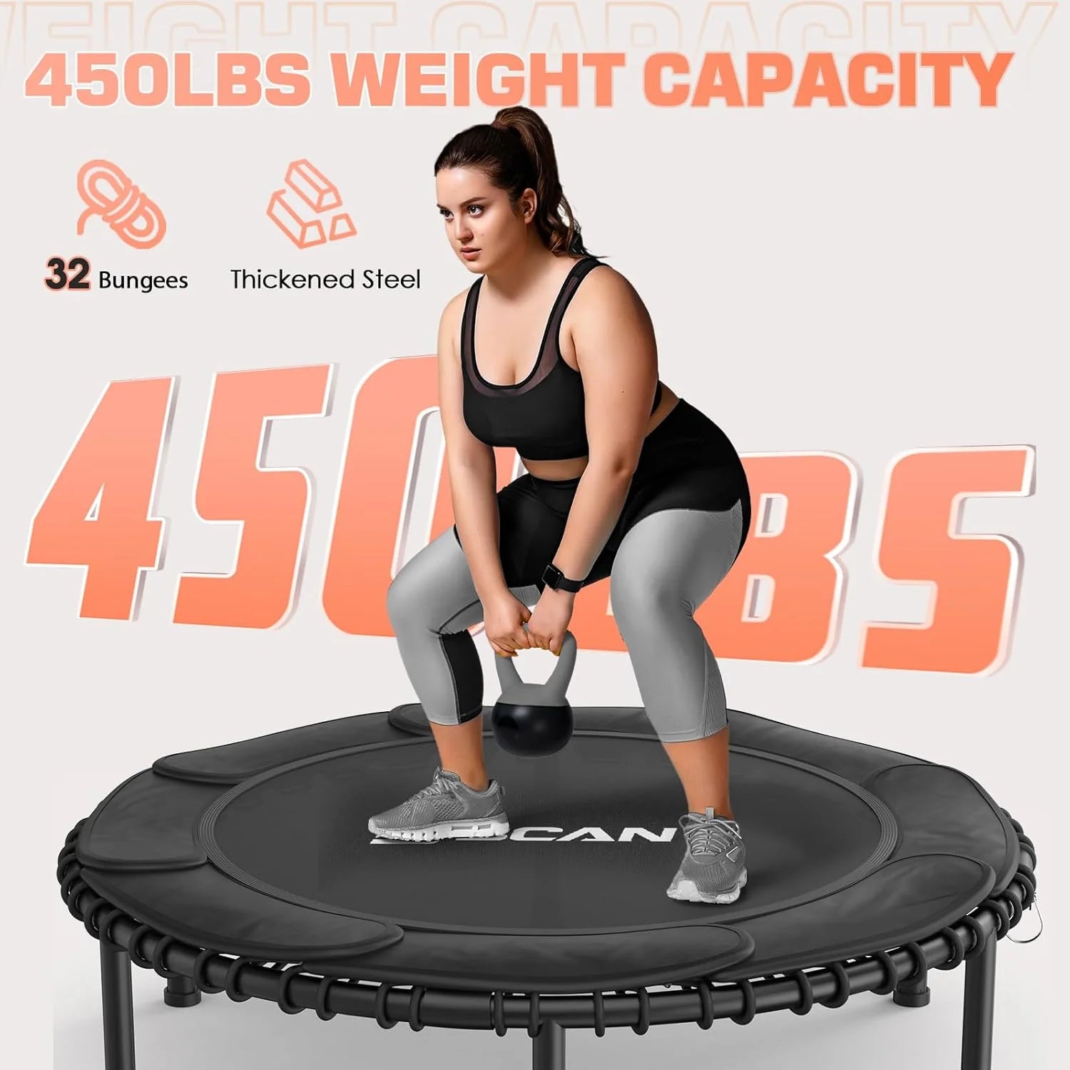 BCAN 450/550 LBS Foldable Mini Trampoline, 40/48 Fitness Trampoline with Bungees, U Shape Adjustable Foam Handle, Stable & Quiet Exercise Rebounder for Adults Indoor/Outdoor Workout