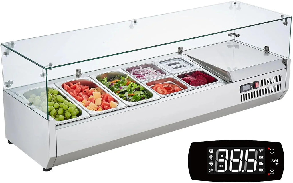 Refrigerated Condiment Prep Station, 135 W Countertop Refrigerated Condiment Station, with 2 1/3 Pans & 4 1/6 Pans, 304 Stainless Body and PC Lid, Sandwich Prep Table with Stainless Guard, ETL