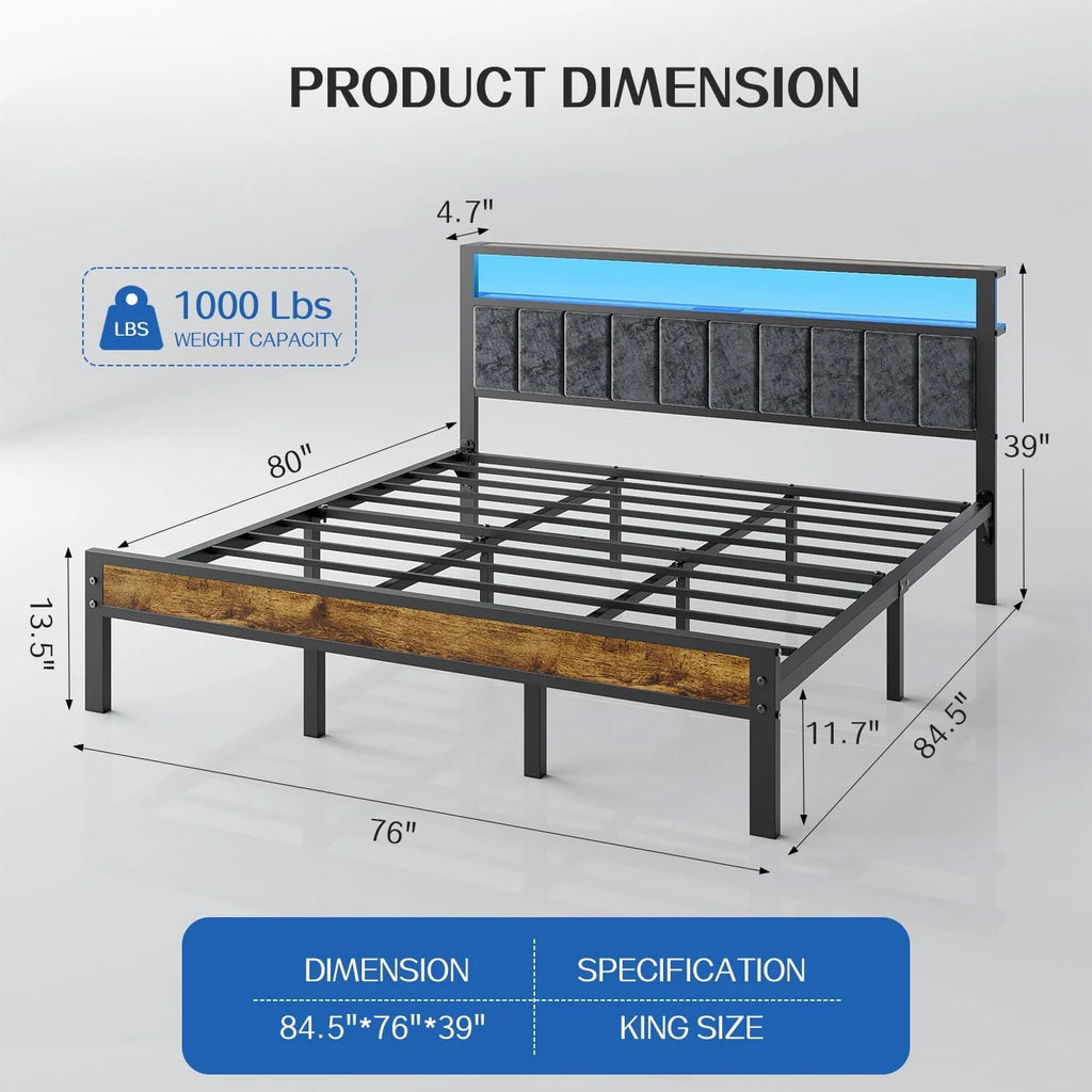 Queen Size Bed Frame with 2-Tier Storage Shelves Headboard Platform Bed Charging Station