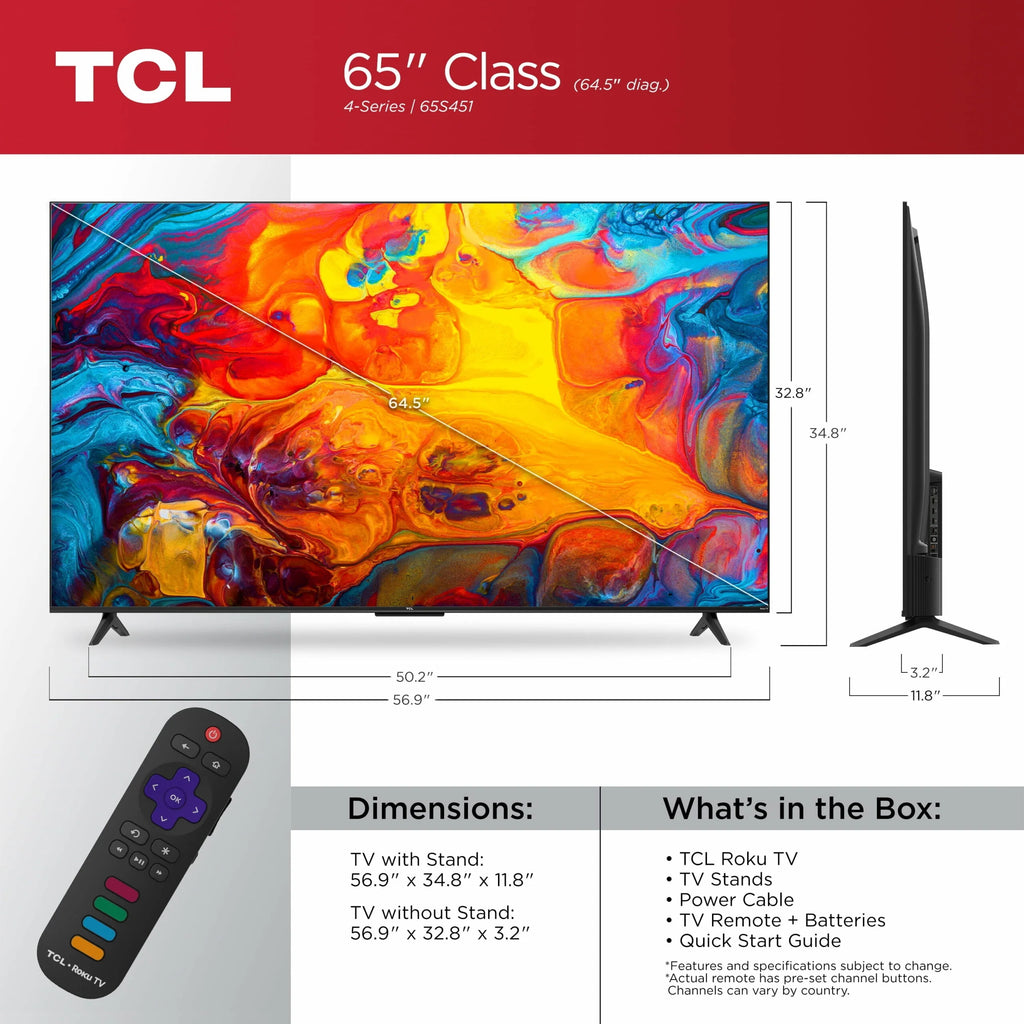 TCL 65′′ 4-Series 4K UHD HDR Smart Roku TV – Stunning Picture & Endless Entertainment
