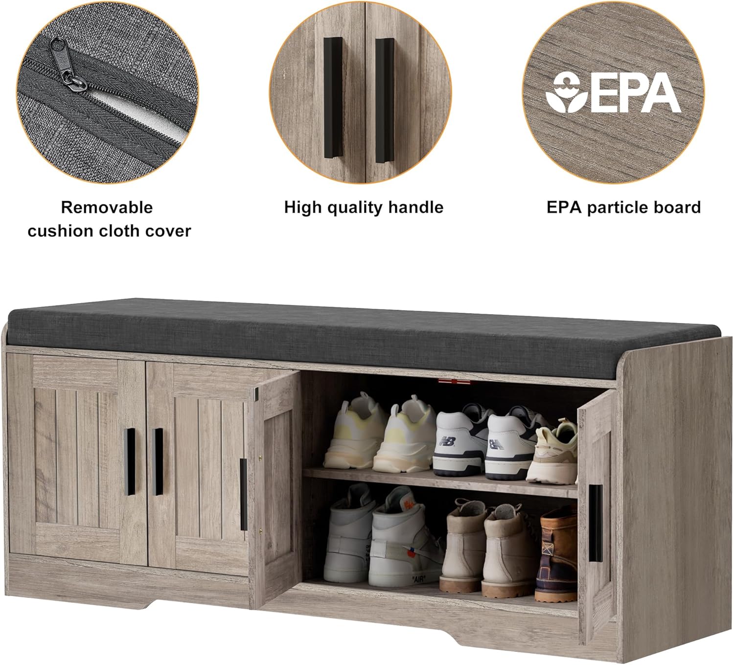 2-Tier Storage Bench, Shoe Bench with Thickened Padded Seat Cushion, Entryway Bench with 4 Doors, Adjustable Shelf