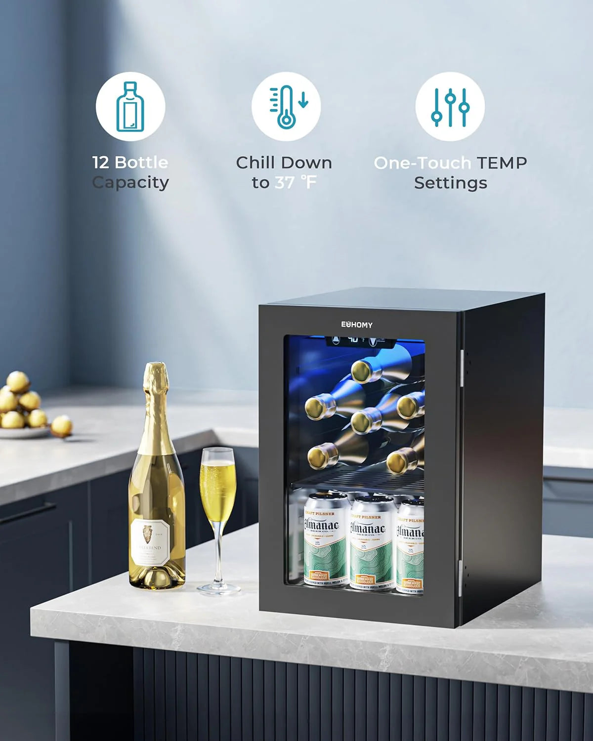 EUHOMY Beverage Refrigerator Cooler, 130 Can Mini Fridge with Glass Door for Soda Beer or Wine, Beverage Cooler for Home, Office, Bar with Adjustable Removable Shelves, Silver