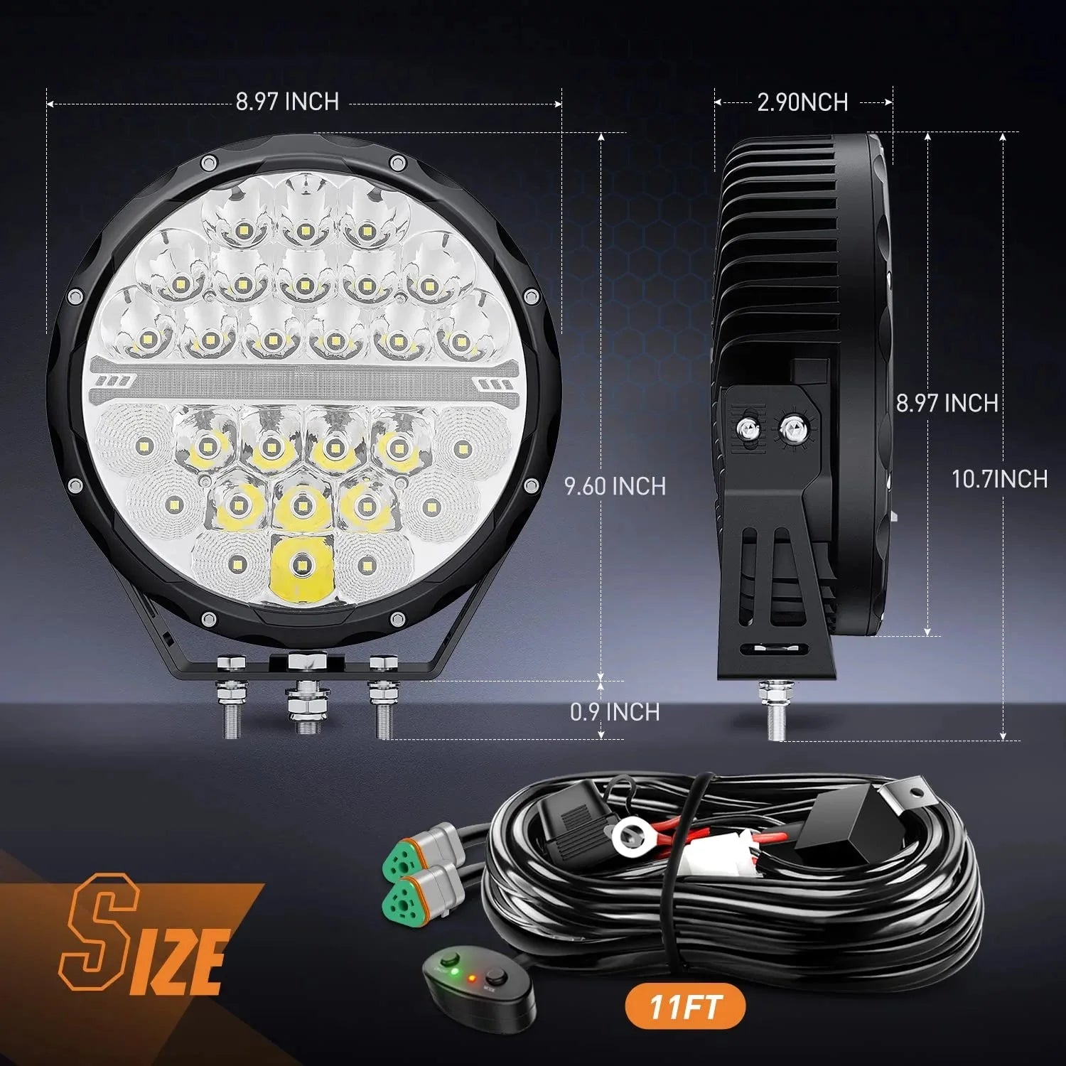 9-inch round off-road LED drive light, 2PCS 140W 15560LM IP68 multi-point floodlight combination work light, 12AWG DT connector harness kit for 4x4 Jeep Truck ATV UTV SUV, 5-year warranty