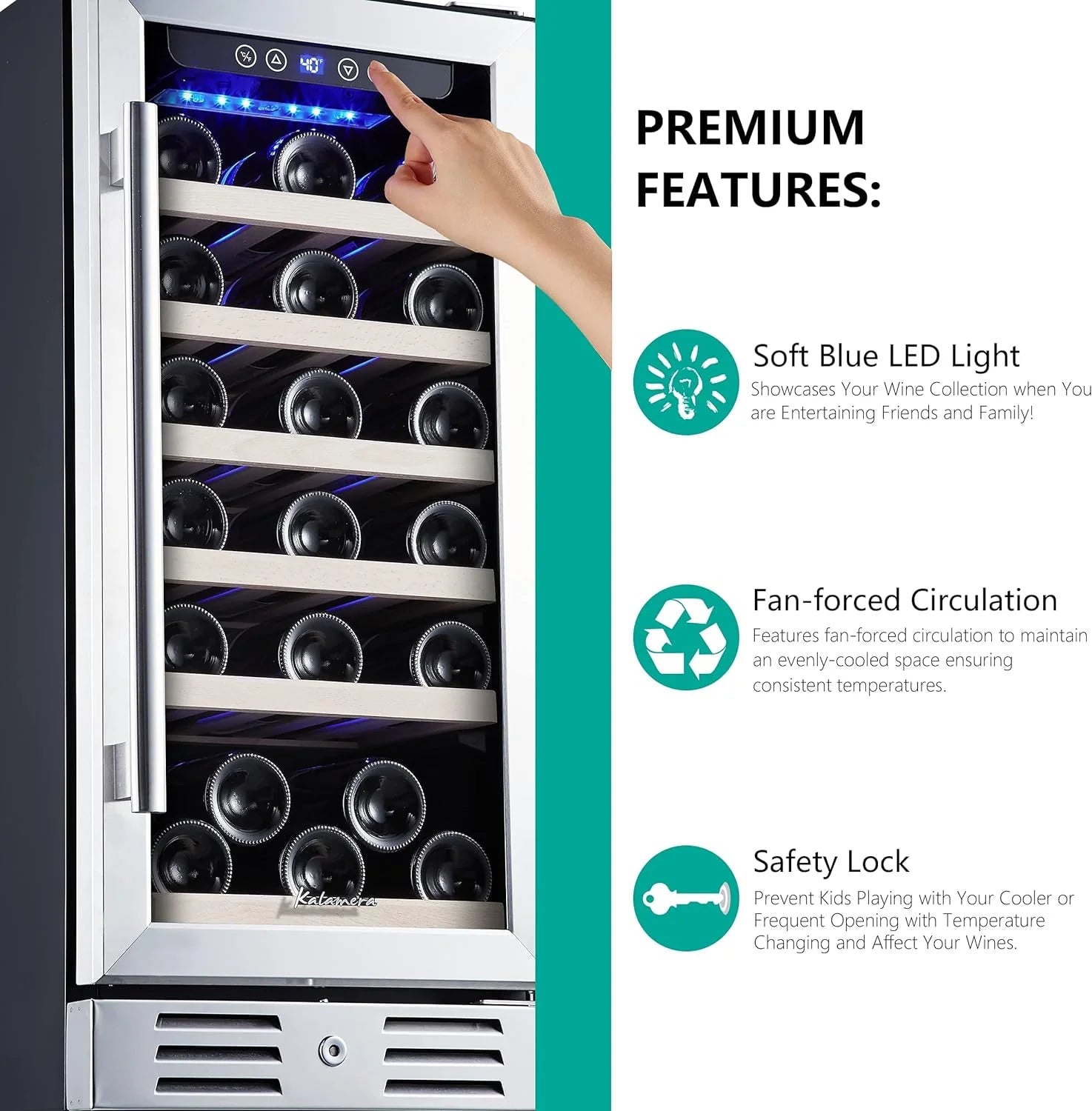 24 inch Wine Cooler, 46 Bottle - Dual Zone Built-in or Freestanding Fridge with Stainless Steel Reversible Glass Door, for Home, Kitchen, or Office.