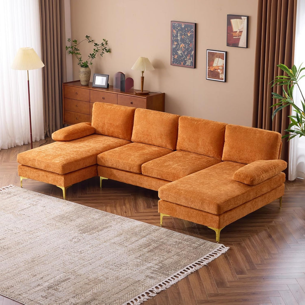 VINGLI 110 Sectional Couches for Living Room,U Shaped Couch with Double Chaise, 4-Seat Sofa Set with Chenille Fabric for Home Furniture,Beige