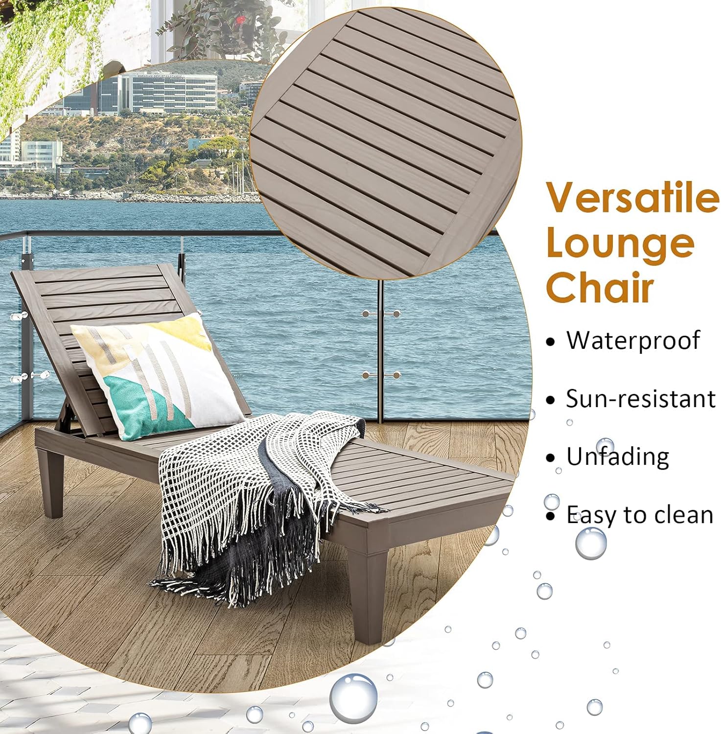 Outdoor Chaise Lounge Chair, Lightweight Patio Lounge Recliner Chair with Adjustable Backrest, 5 Reclining Positions Chaise Lounger for Patio, Beach, Balcony, Poolside, Backyard (1, Black)