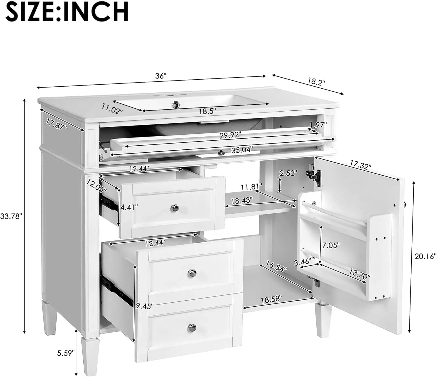 36 Bathroom Vanity with Single Sink Combo, Modern Undermount Bathroom Sink Cabinet with 2 Drawers and a Tip-Out Drawer, Freestanding Bathroom Vanities, Soft Closing, Solid Wood Frame