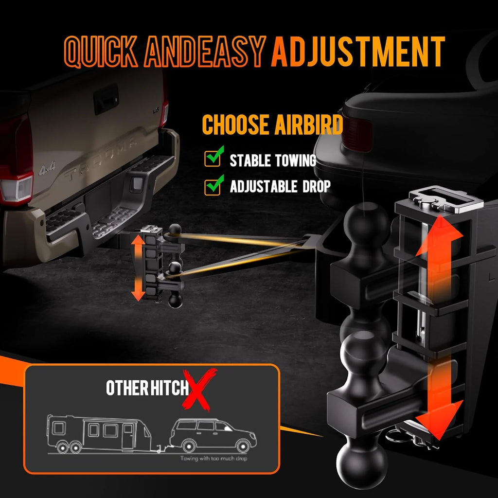 Adjustable Trailer Hitch Fits 2-Inch Receiver, Heavy Duty Tow Hitches (17000 LBS GTW) 6 Inch Drop Truck Hitch Tri-Ball Mount with Hook (1-7/8 x 2 x 2-5/16)