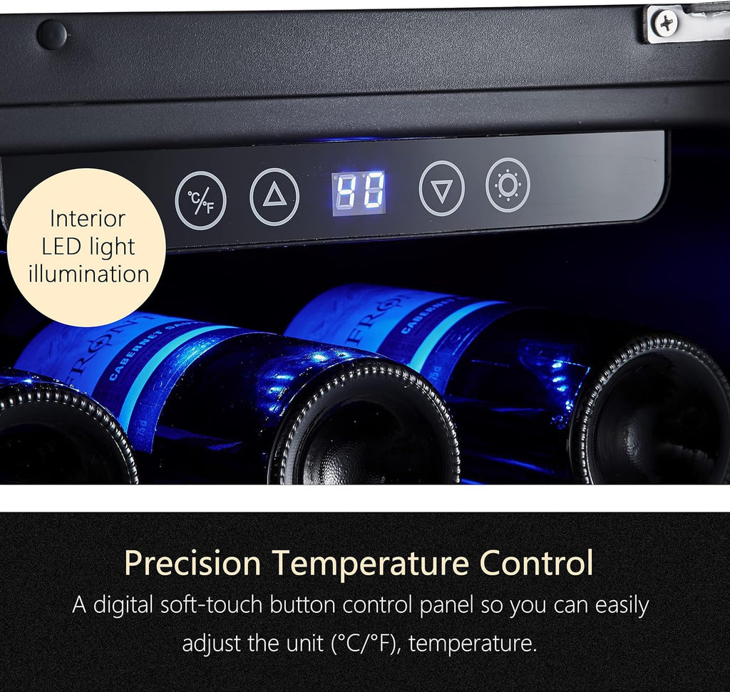 24 inch Wine Cooler, 46 Bottle - Dual Zone Built-in or Freestanding Fridge with Stainless Steel Reversible Glass Door, for Home, Kitchen, or Office.