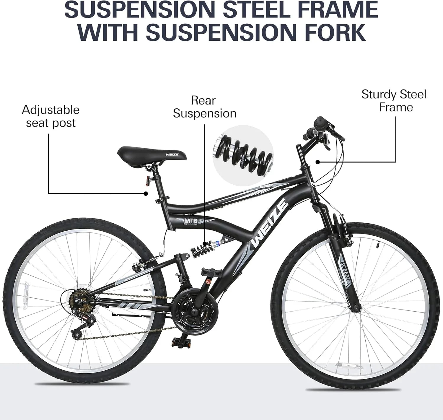 WEIZE Mountain Bike, 26 27.5 inch Outdoor Hybrid Bikes,18-Speed/High-Carbon Steel/Dual Full Suspension, Adjustable Ergonomic Seat for Men Women Adult, MTB Bicycle with Suspension Fork,Sleek Colors