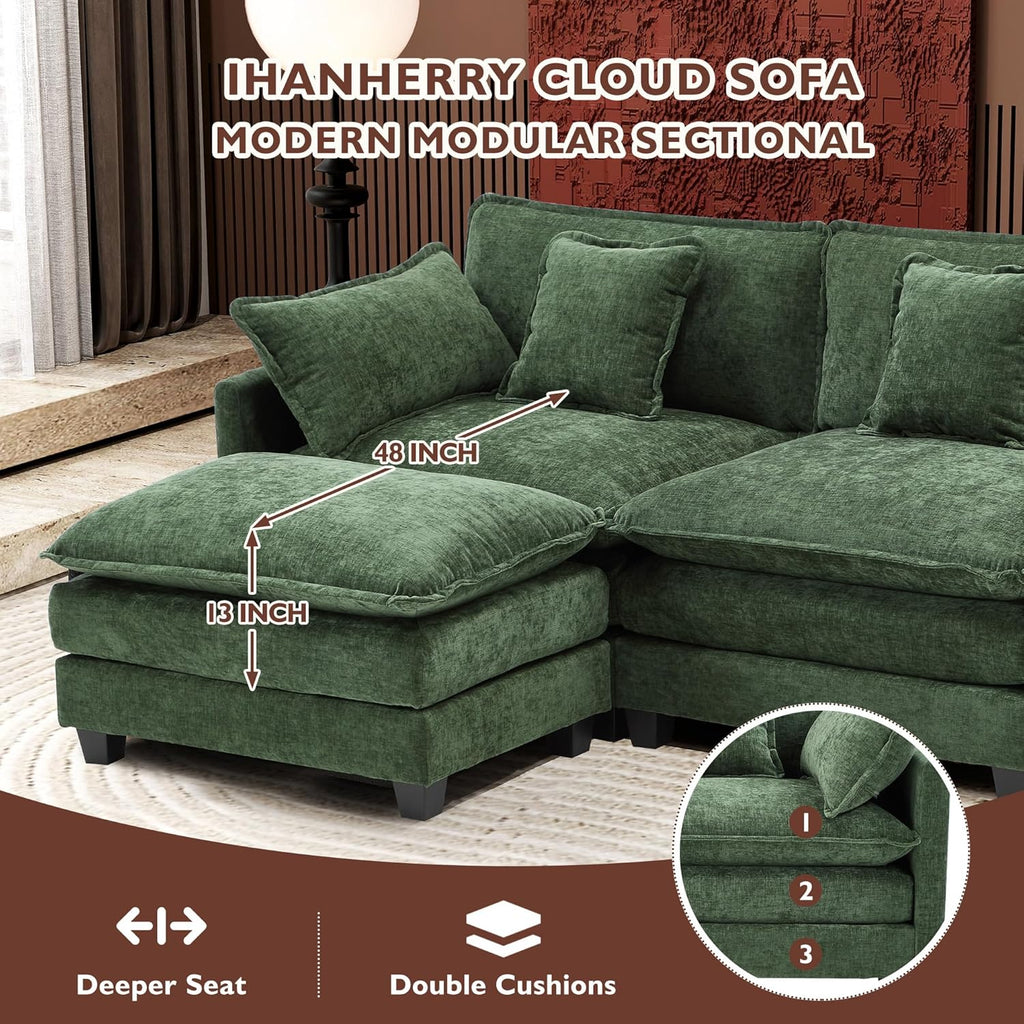 111.4 Inch L Shaped Modern Sofa Modular Cloud Sofa with Ottoman 4 Seater Chenille Deep Seat Sofa