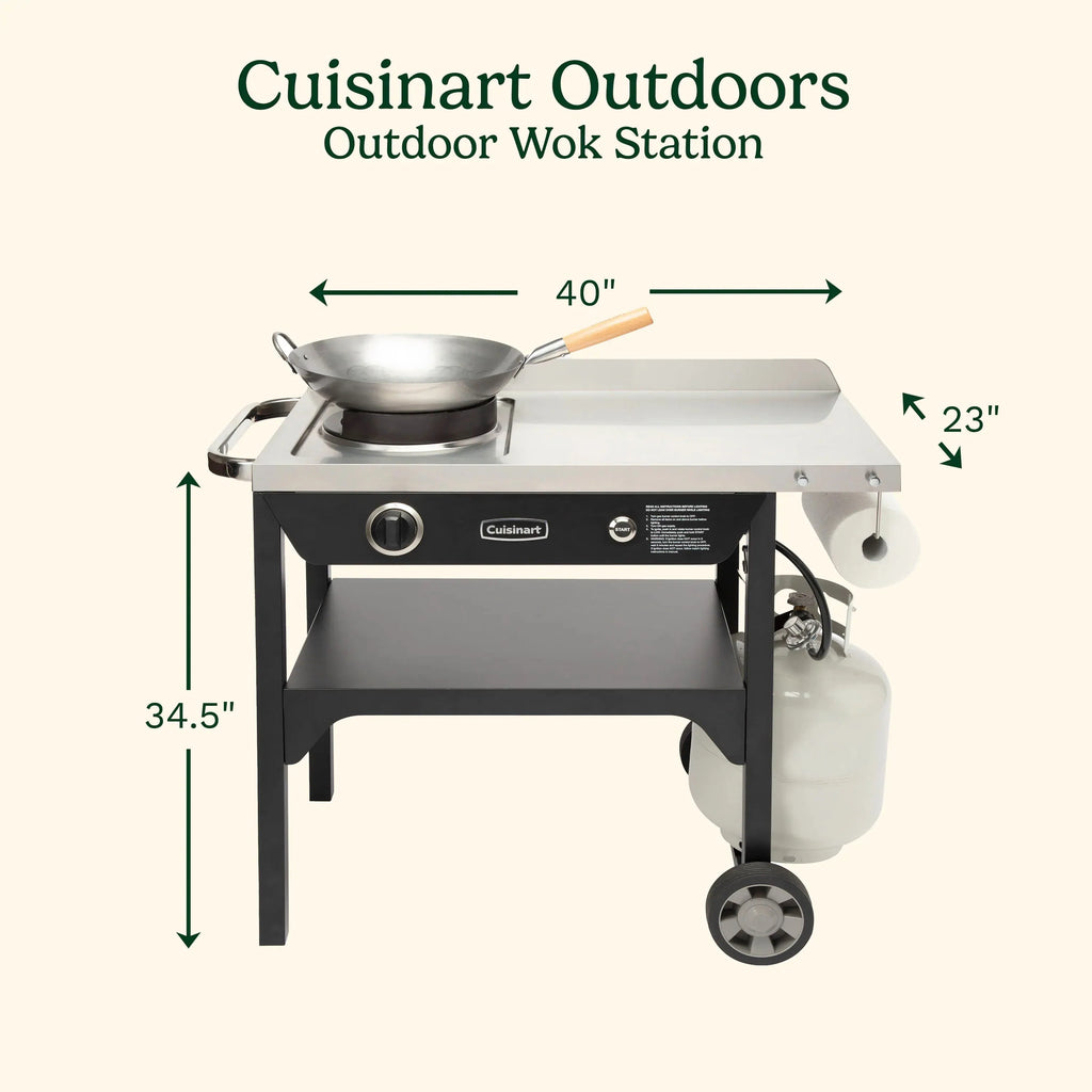 Cuisinart Outdoor Wok Station, 50,000 BTU Propane Outdoor Wok Burner w Prep Table, 14锟芥?锟斤拷 Carbon Steel Wok for Stir Fry, Searing, BBQ 锟斤拷 Black