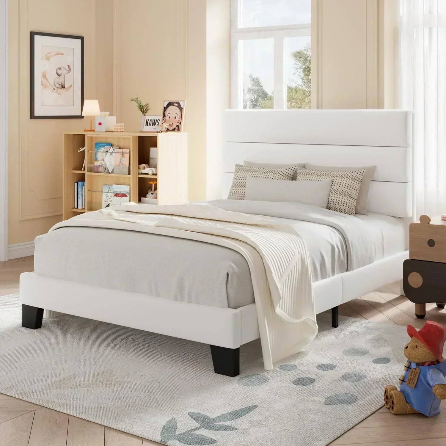 Allewie Queen Size Platform Bed Frame with Fabric Upholstered Headboard Wooden Slats Support
