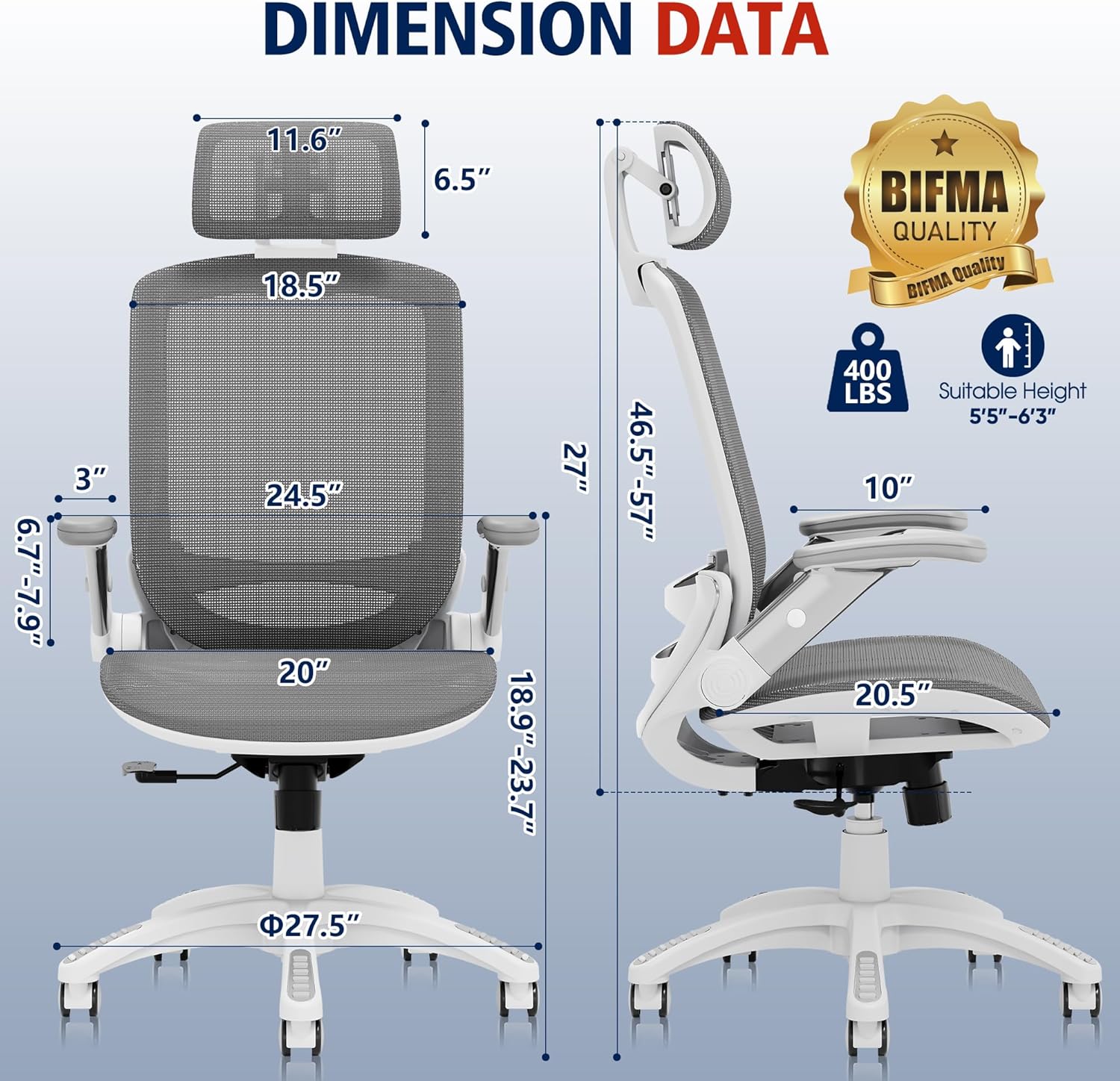 GABRYLLY Ergonomic Office Chair, High Back Home Desk Chair with Headrest, Flip-Up Arms, 90-120° Tilt Lock and Wide Cushion, Big and Tall Mesh Chairs for Man Woman, Black Task Chair