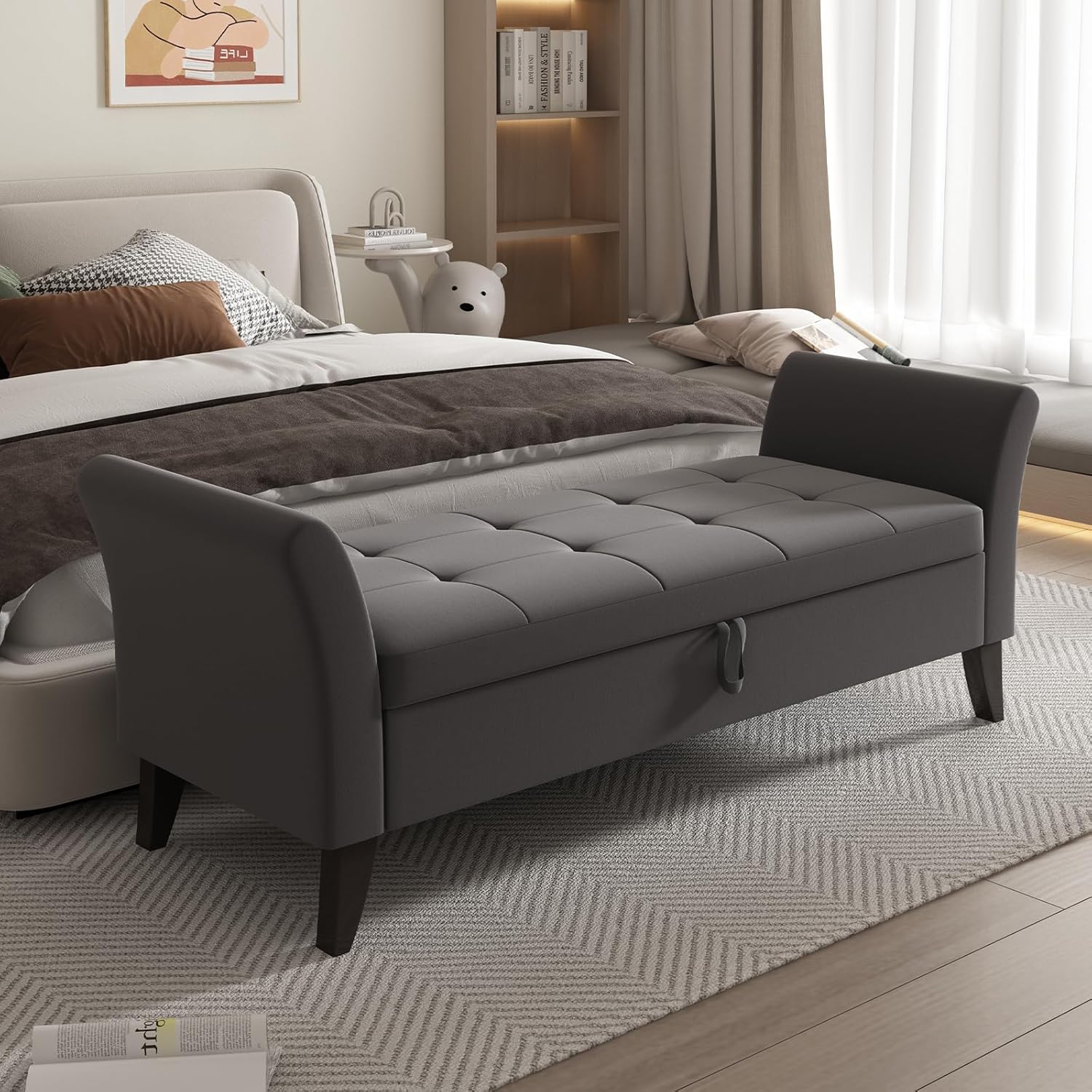 Furniliving Modern Storage Ottoman Bench, Sherpa Ottoman End of Bed Bench with Solid Wood Legs Upholstered Ottoman Benches with Storage Indoor Bench for Living Room with Rolled Arm, Entryway, White