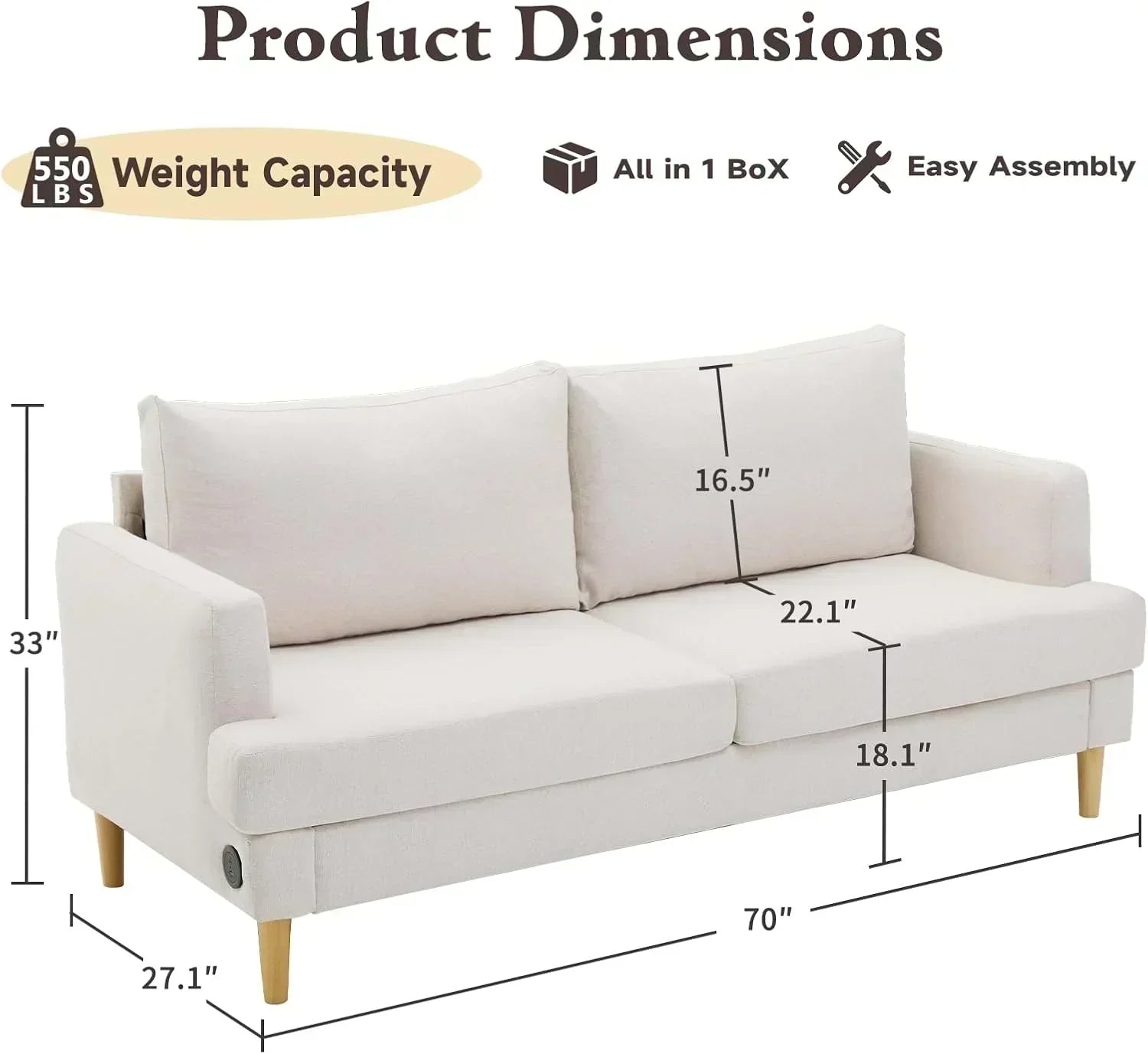 Loveseat Sofa Couch for Living Room with USB Type C Ports Dark Gray Upholstered Small Couches