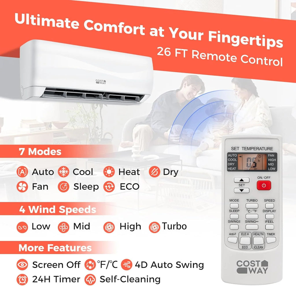 COSTWAY 12000BTU Mini Split Air Conditioner& Heater, 20 SEER2 115V Wall-Mounted Ductless AC Unit Cools Rooms up to 750 Sq. Ft, Energy Efficient Inverter AC with Heat Pump (Blast Series)