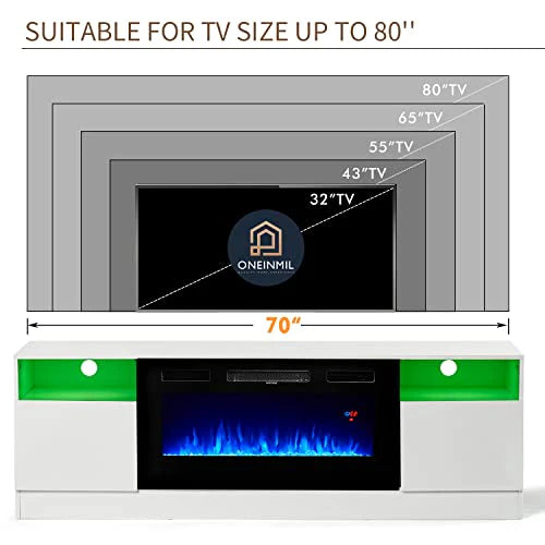 Oneinmil Fireplace TV Stand with 36 Electric Fireplace, LED Light Entertainment Center, Modern Wood, White