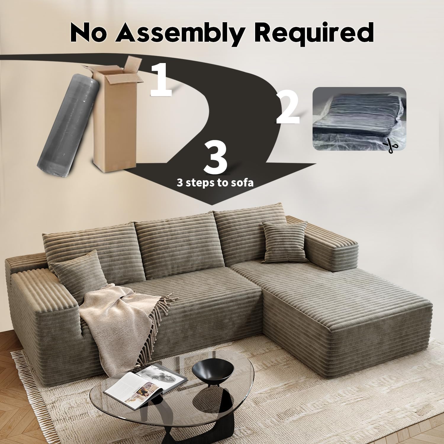 107.5 inch Cloud Modular Sectional Sofa with L-Shaped Chaise Lounge, Modern Minimalist Upholstered Sofa Deep Seating Corner Sofa