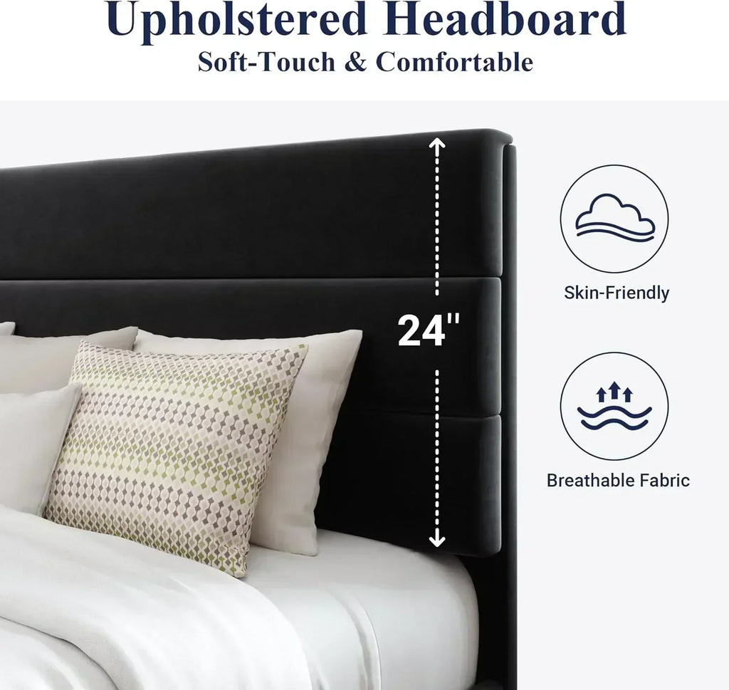 Allewie King size platform bed frame with velvet upholstered headboard and planks