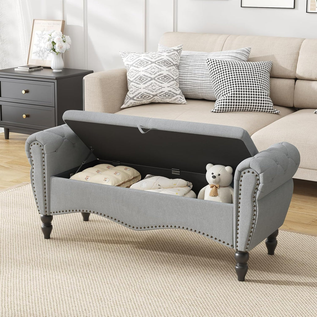 Furniliving Modern Storage Ottoman Bench, Sherpa Ottoman End of Bed Bench with Solid Wood Legs Upholstered Ottoman Benches with Storage Indoor Bench for Living Room with Rolled Arm, Entryway, White