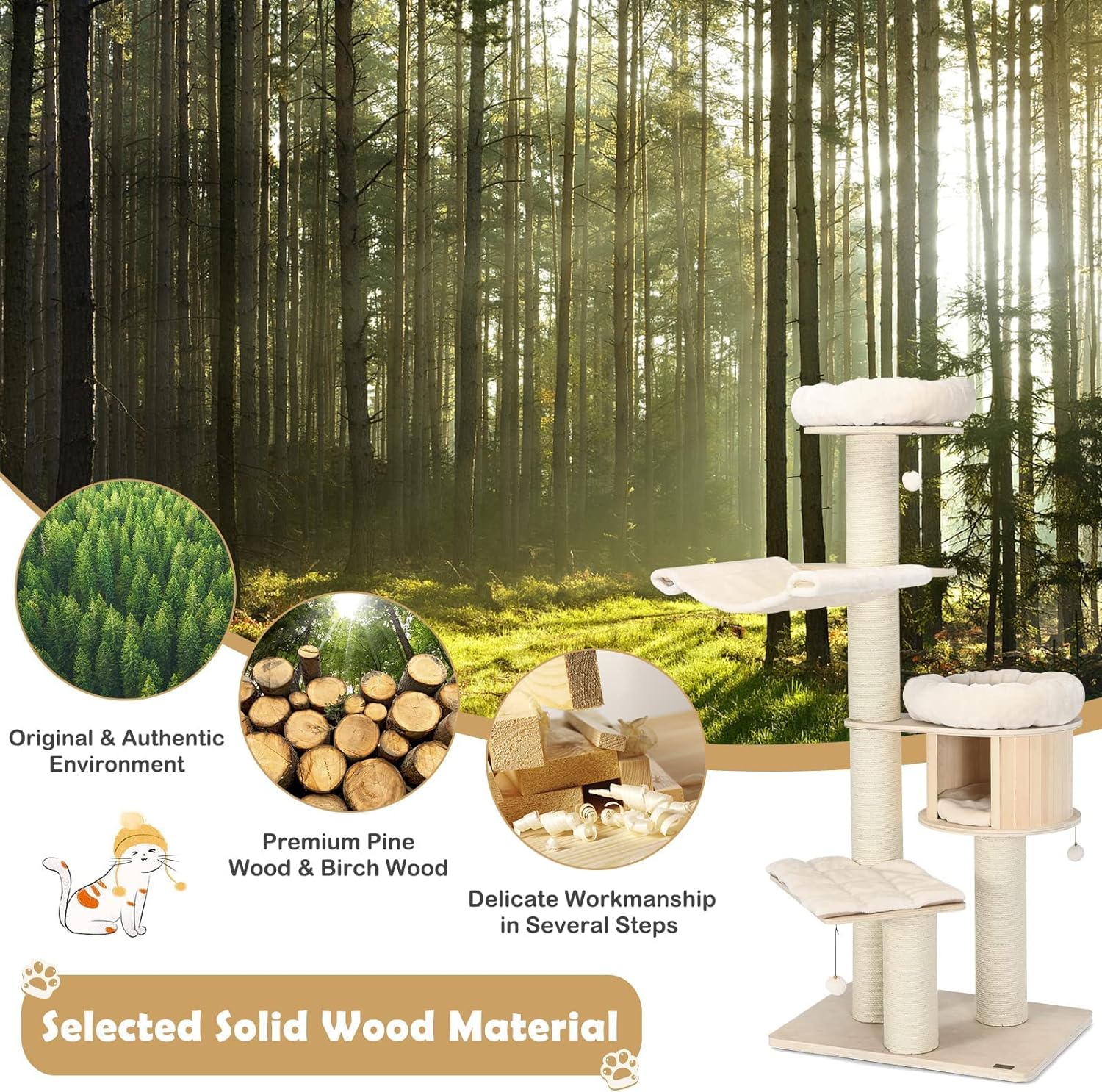 Large cat tree, multi-level tower with sisal posts, hammock, hanging basket and removable washable mats, perfect for large cats