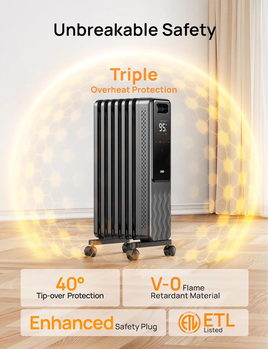 Indoor electric radiant heater with overheat and tip-over protection, digital thermostat, oil-filled radiator