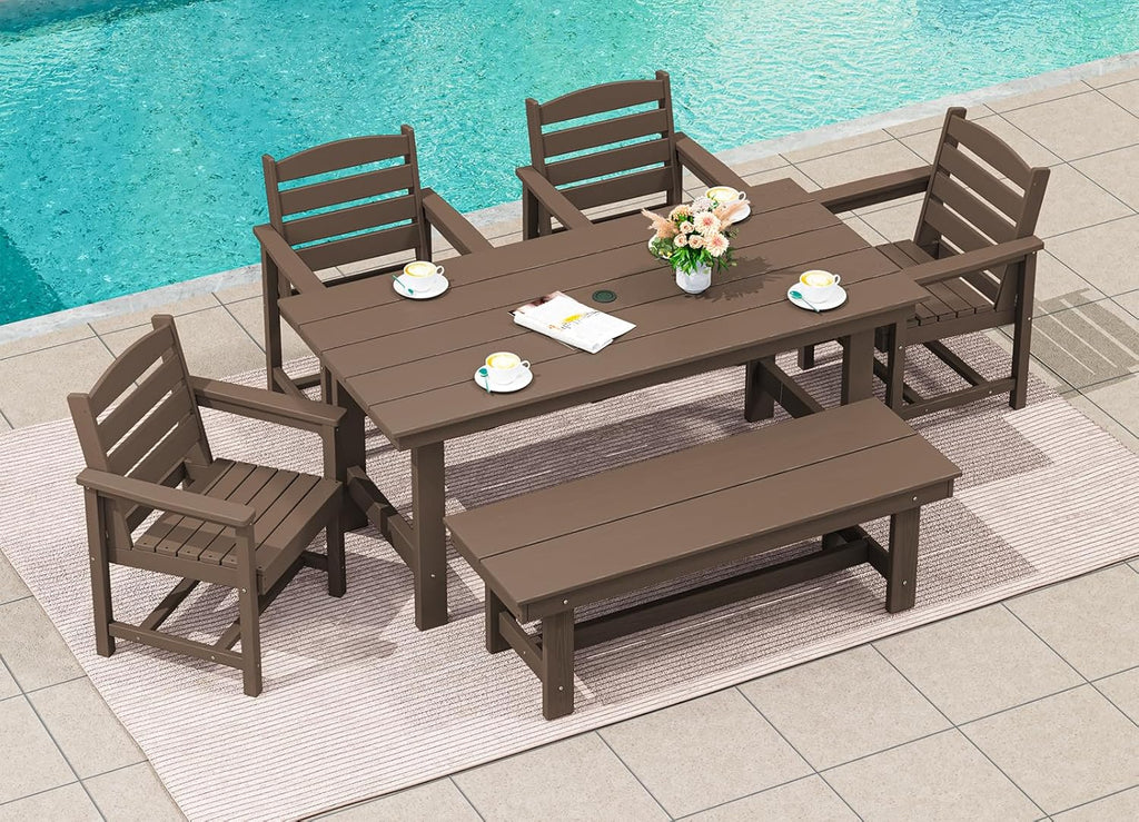 SERWALL 7-Piece Patio Table Set, Outdoor HDPE Dining Furniture with Umbrella Hole, All Weather Table and Chairs for Lawn, Garden, Poolside, Aruba