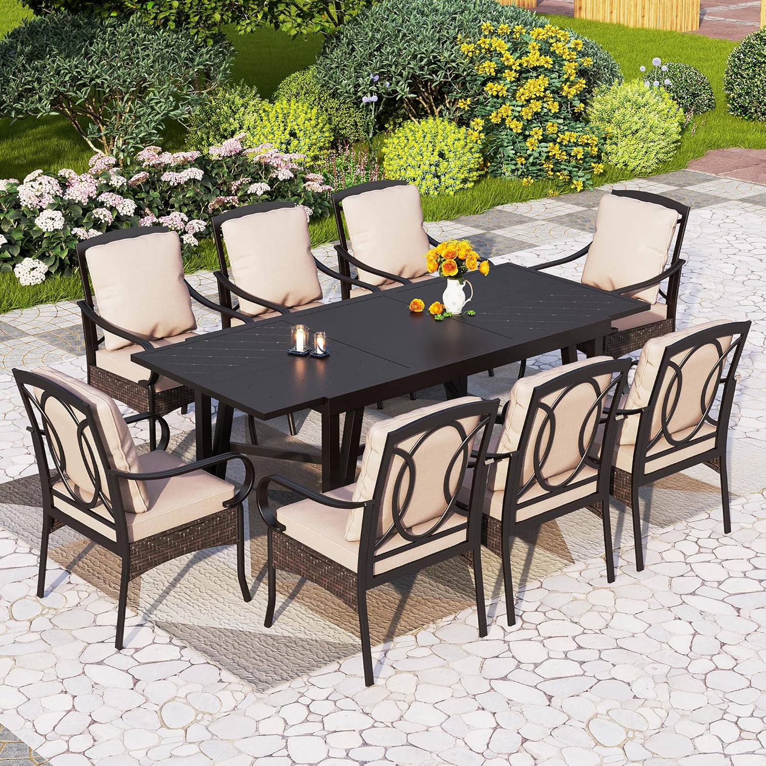 PHI VILLA 6-Piece Outdoor Dining Sets, All-Weather Patio Table and Chairs Set with Umbrella for 4, Heavy Duty Patio Round Table Set for Deck, 4 Extra Large Outdoor Swivel Chairs with Thick Cushions