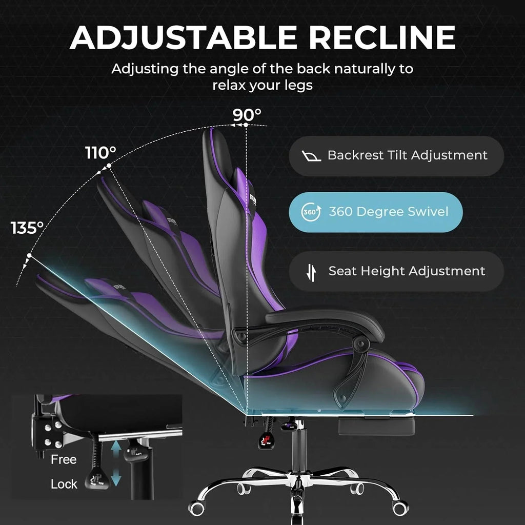 GTPLAYER Gaming Chair with Footrest and Lumbar Support Ergonomic Computer Chair with Headrest, 360 Swivel, Height Adjustable, White