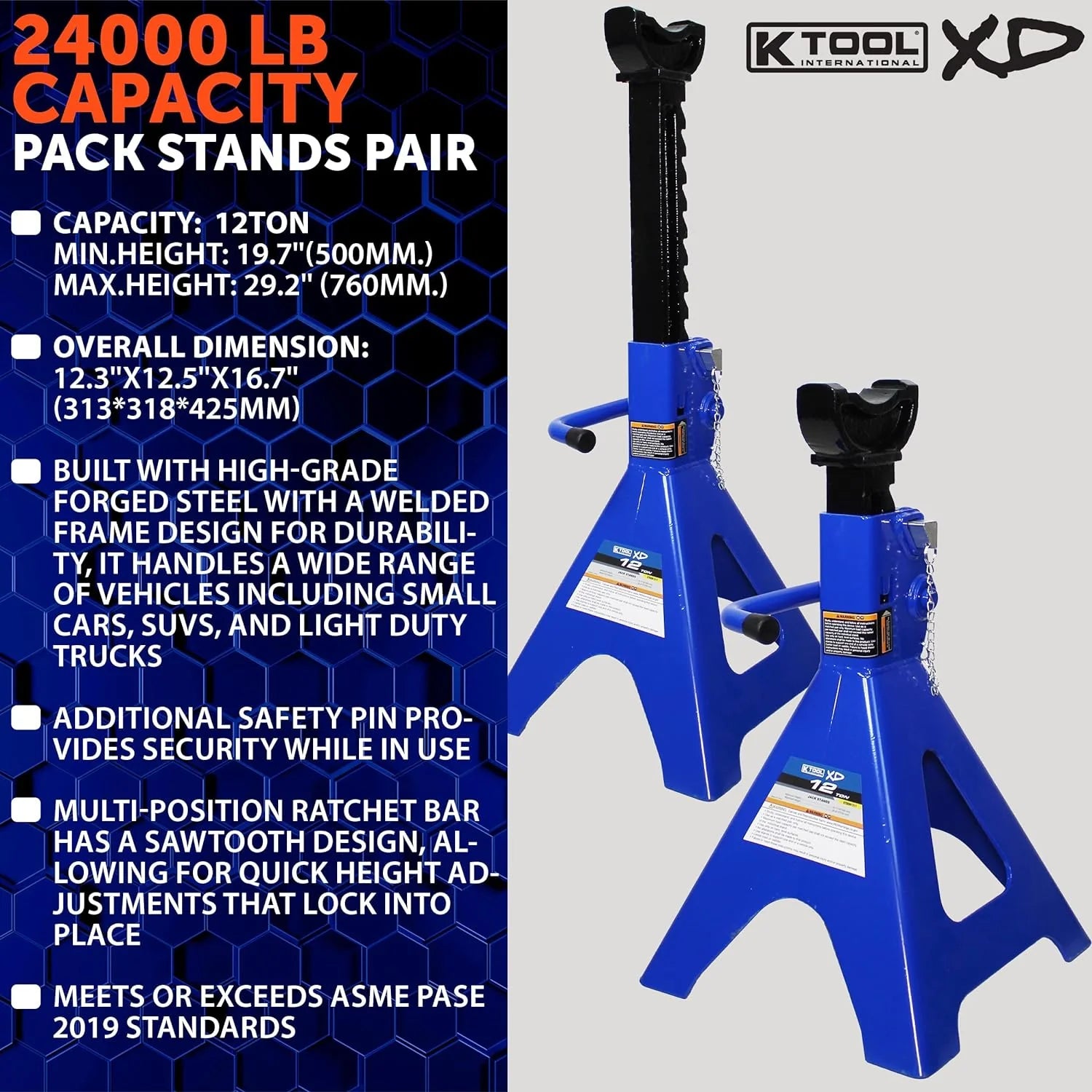 HD61222 22 Ton Automotive Jack Stands for Garages, Repair Shops, and DIY, Pin Style, V Shaped Saddle, Heavy Duty Steel Frame, Adjustable Height 11.825- 19.725, Black/Blue, Pair