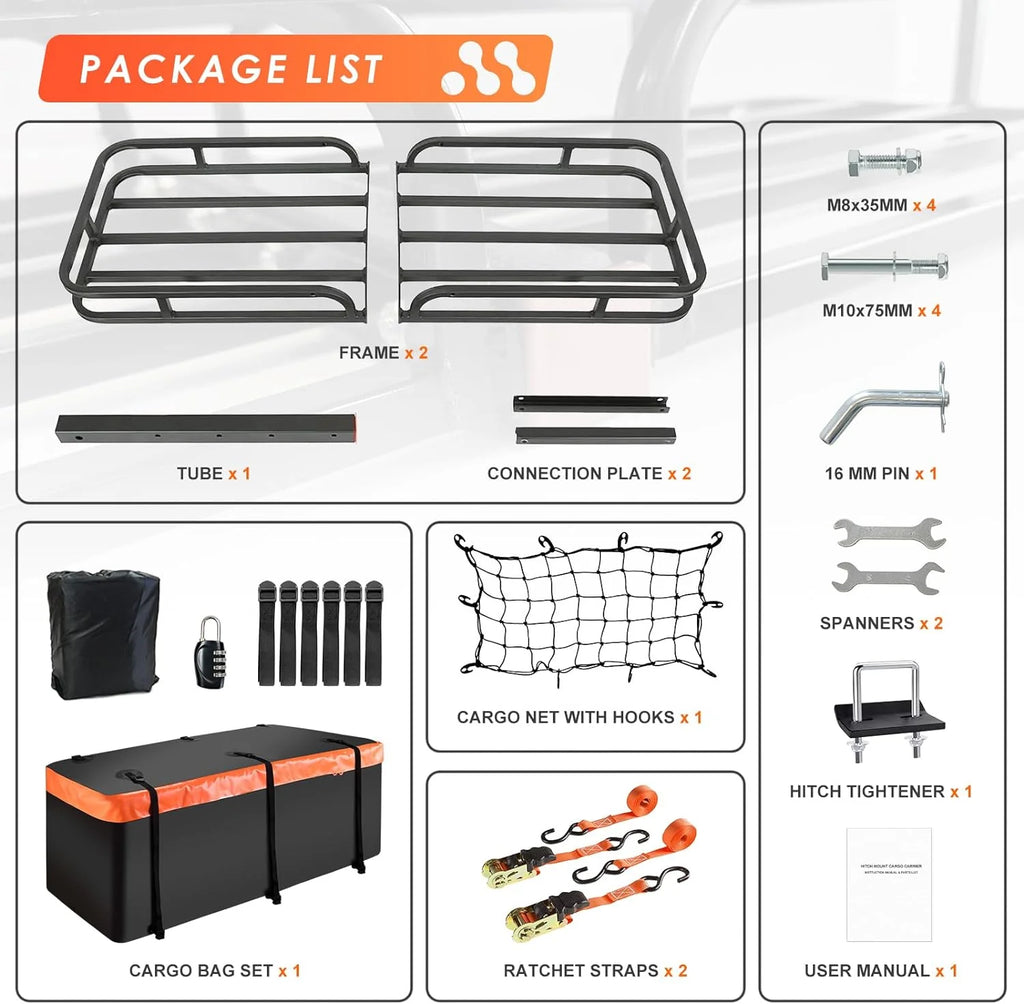 Folding hitch mounted cargo basket 60 With hook stabilizer, net and straps
