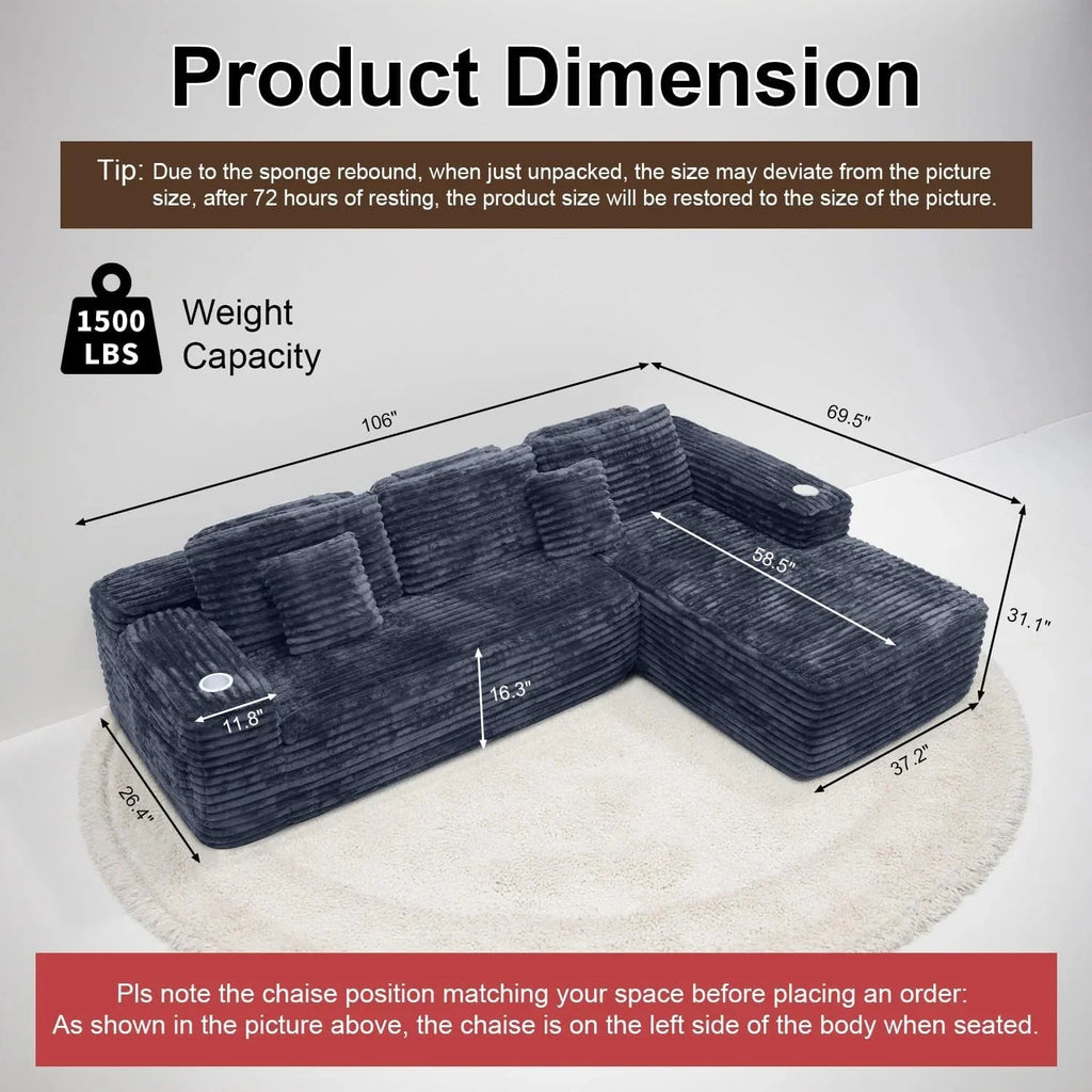 Cloud Sectional Couch with L-Shape Chaise, Modern Modular Sofa with Deep Seat, Built-in Cup Holder & Storage Pocket for Living Room Bedroom, No Assembly Required (Dark Gray, Left Sitting Chaise)