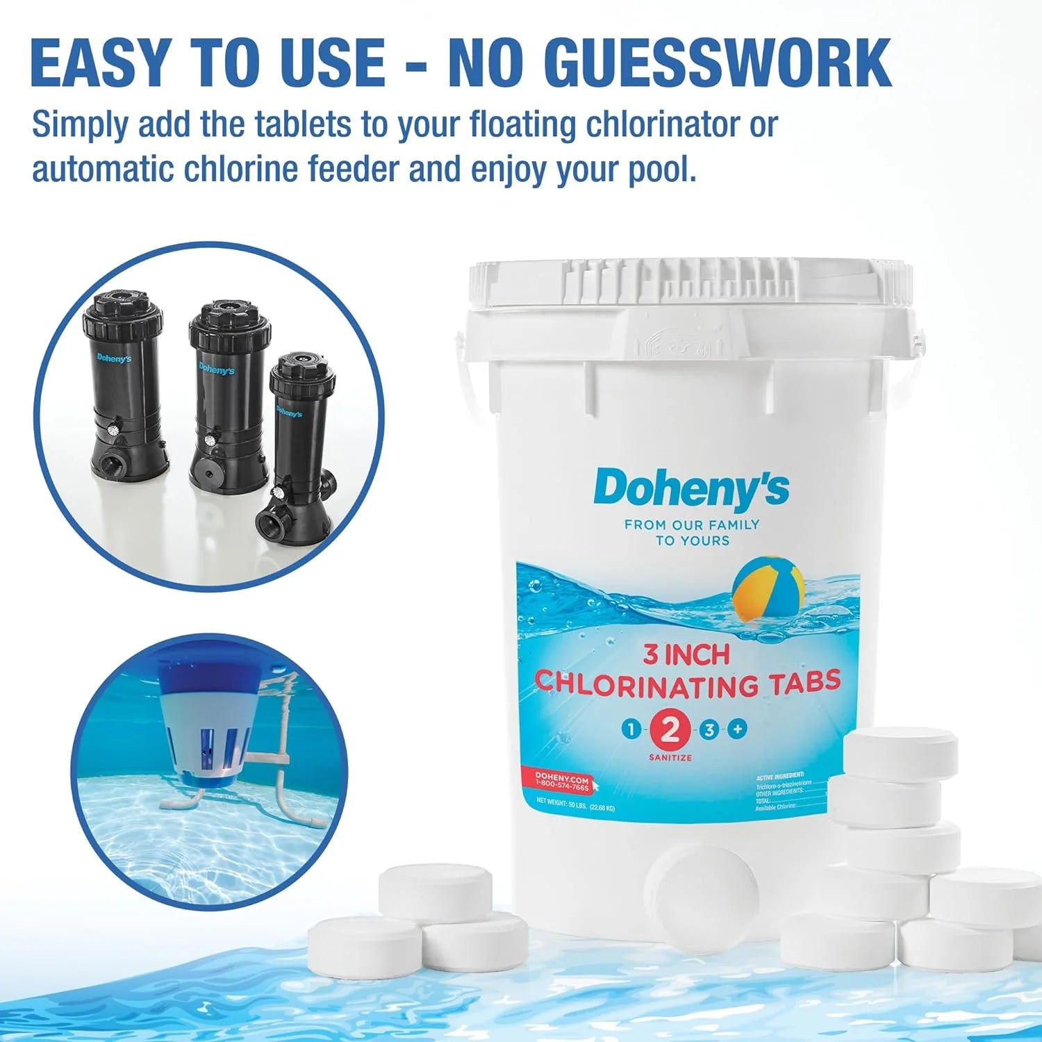 3 Inch Stabilized Chlorine Tablets | Pro-Grade Pool Sanitizer, Long Lasting, Slow Dissolving, 99% Pure Tri-Chlor, Individually Wrapped - 50lb