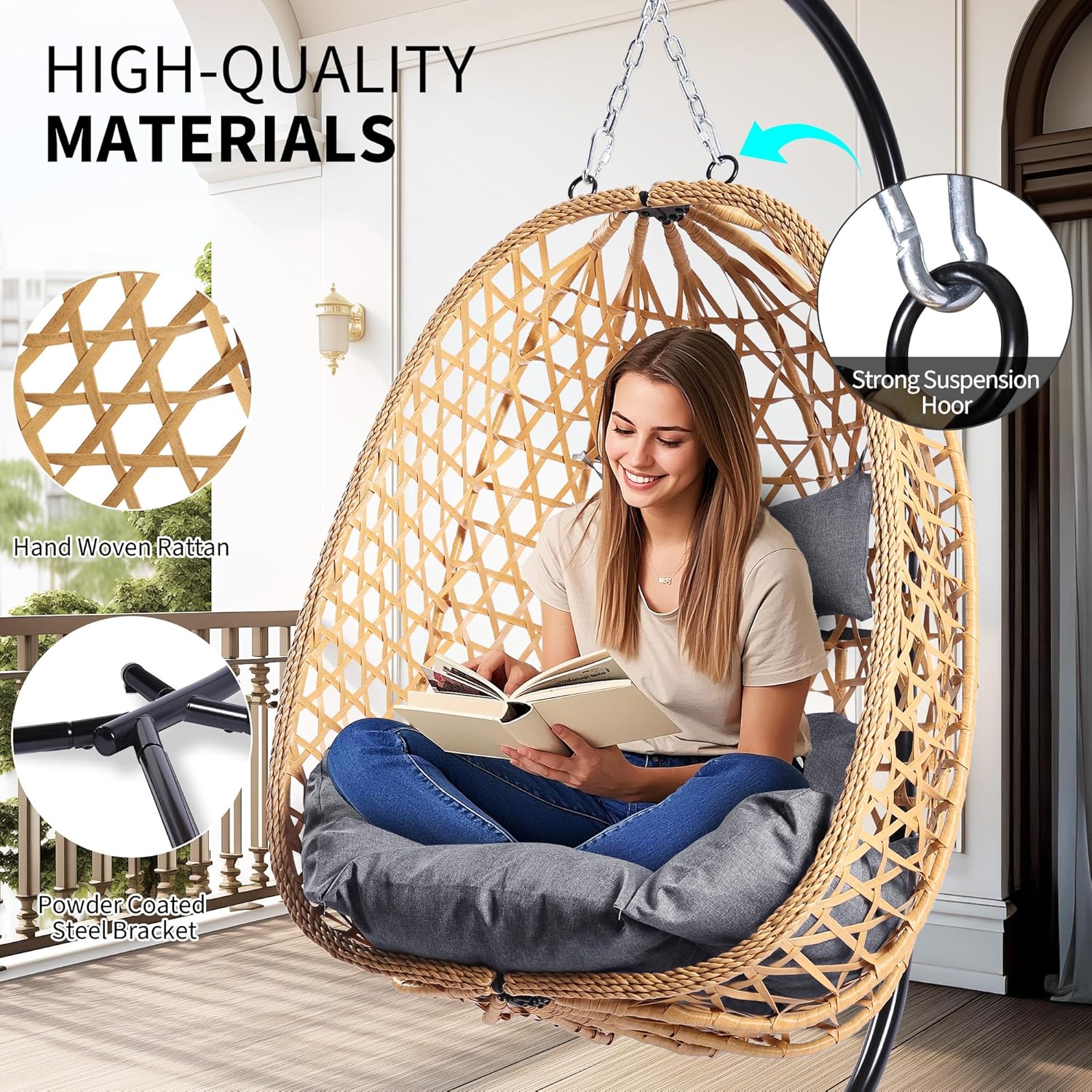 Egg Chair with Stand Patio Wicker Hanging Chair Hammock Swing Chair 350LBS Capacity