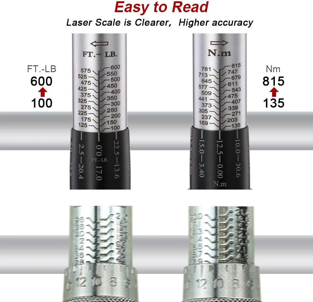 1-Inch Drive Click Torque Wrench, Dual-Scale Adjustable Torque Wrench Set with a Hex Key 200-1000ft.lb / 271-1356.7Nm