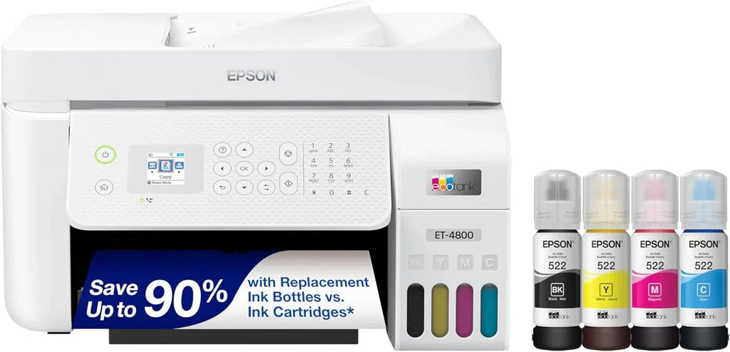 Epson EcoTank ET 4800 Wireless All in One Inkjet Printer, White – Cartridge Free, Scanner, Copier, Fax, ADF, Ethernet, Home Office
