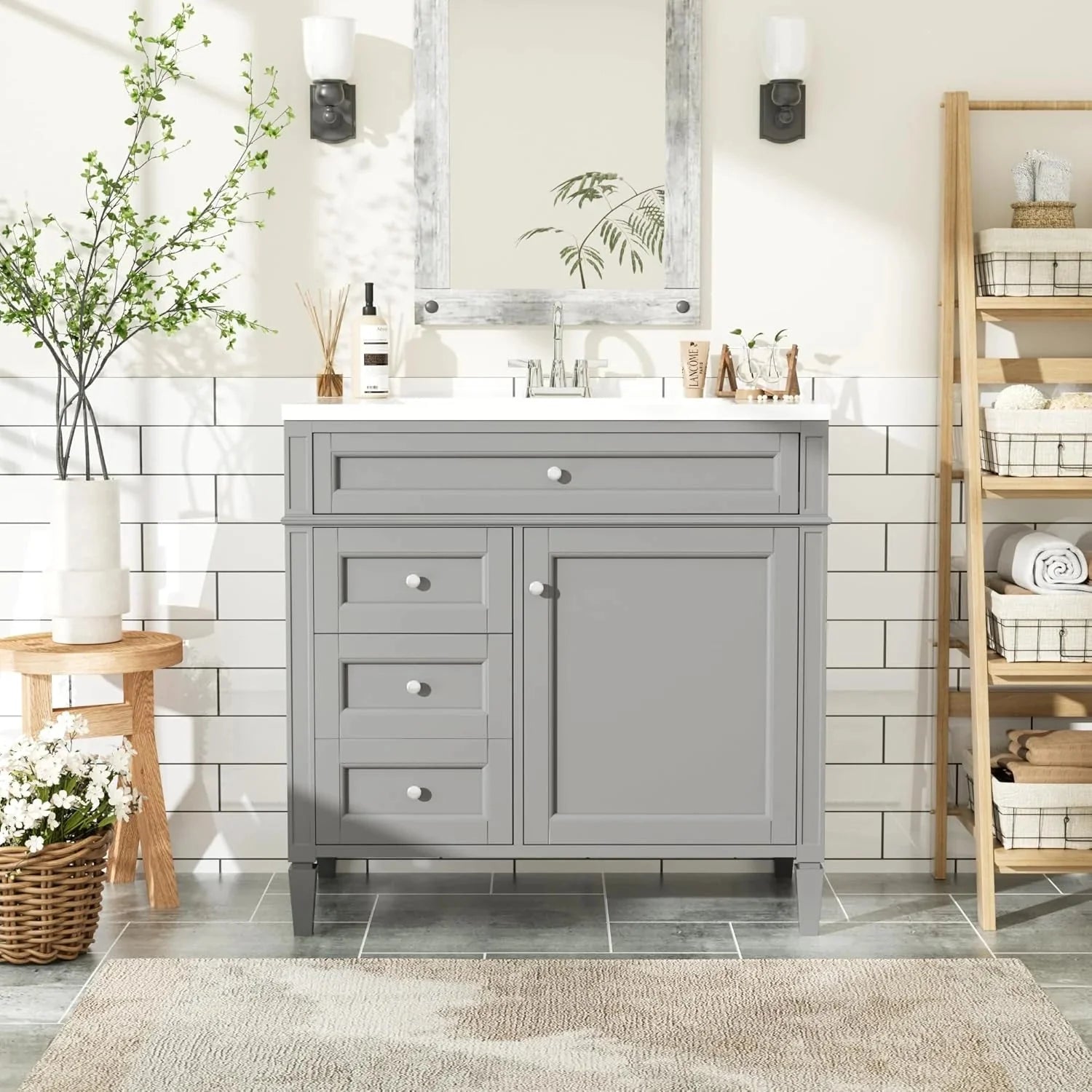 36 Bathroom Vanity with Single Sink Combo, Modern Undermount Bathroom Sink Cabinet with 2 Drawers and a Tip-Out Drawer, Freestanding Bathroom Vanities, Soft Closing, Solid Wood Frame