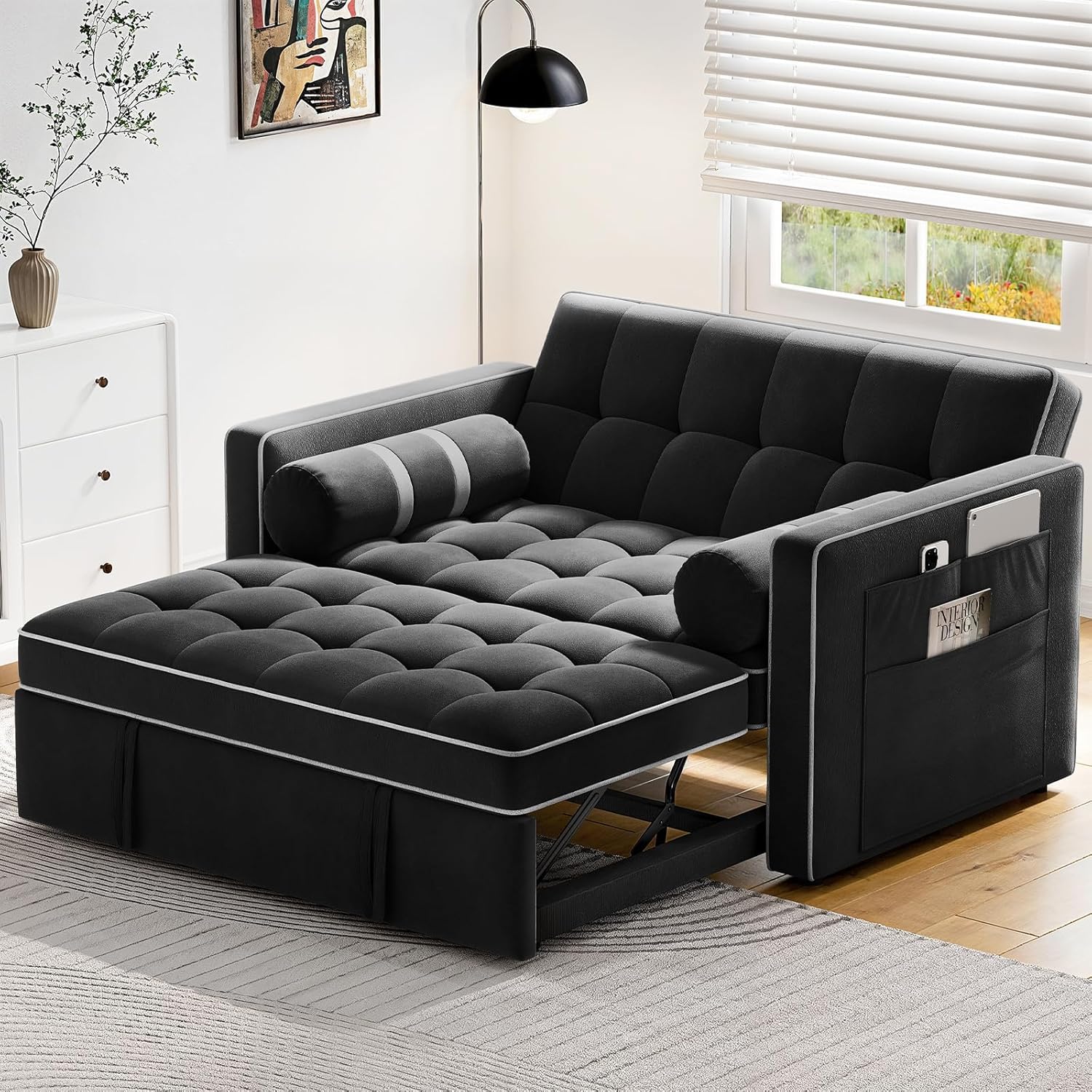 Pipishell 3 in 1 Convertible Sleeper Sofa Bed Pull Out Couch for Living Room USB Ports Side Pockets