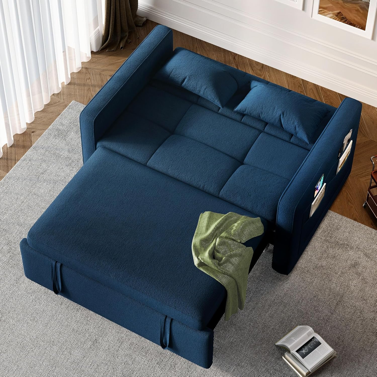 DWVO 3-in-1 Convertible Sofa Bed, 55 Sleeper Sofa with Pull-Out Bed, Cat-Scratch-Proof Fabric Futon Couch with Adjustable Backrest and Side Pocket, Loveseat for Living Room Apartment, Grey