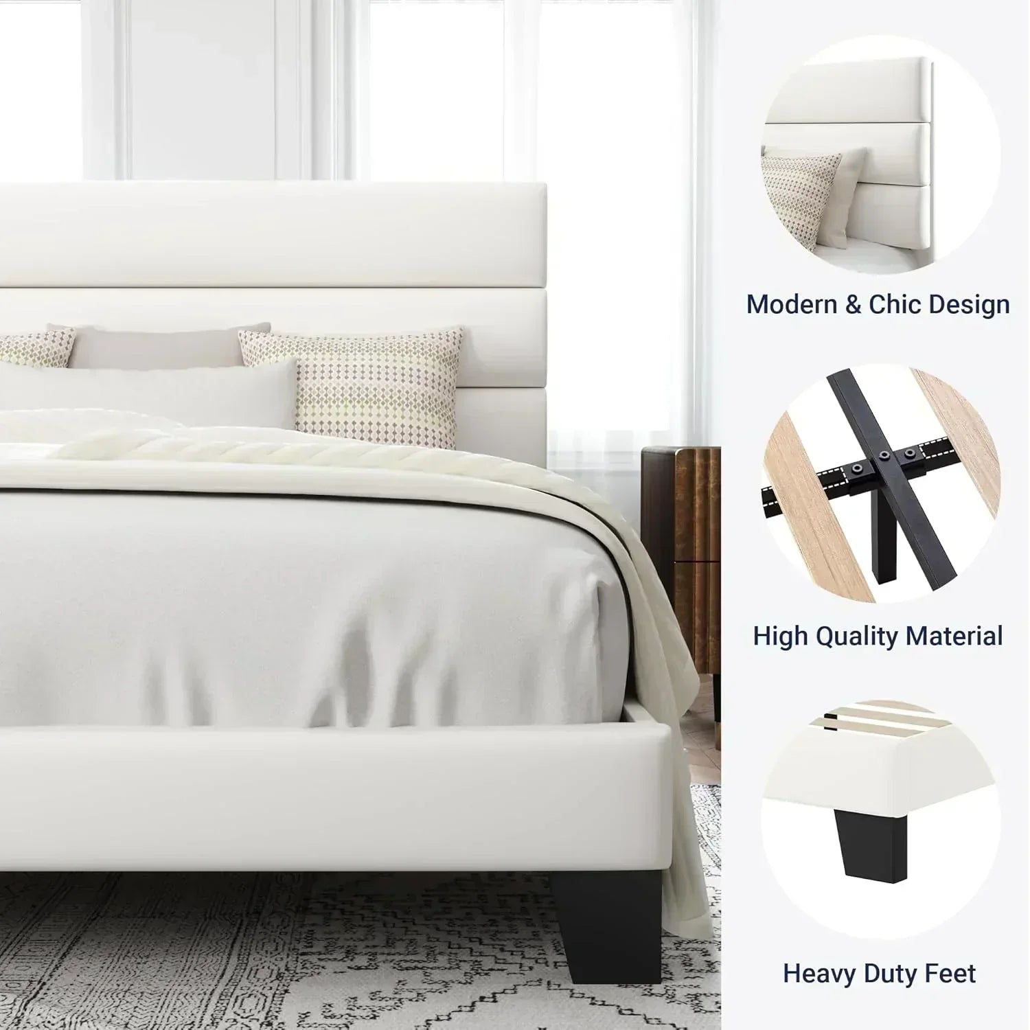 Allewie Queen Size Platform Bed Frame with Fabric Upholstered Headboard Wooden Slats Support